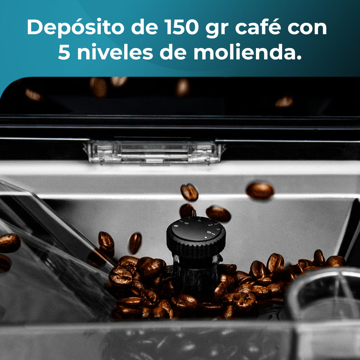 Granos de café cayendo en una máquina con 150g de capacidad y 5 niveles de molienda.
