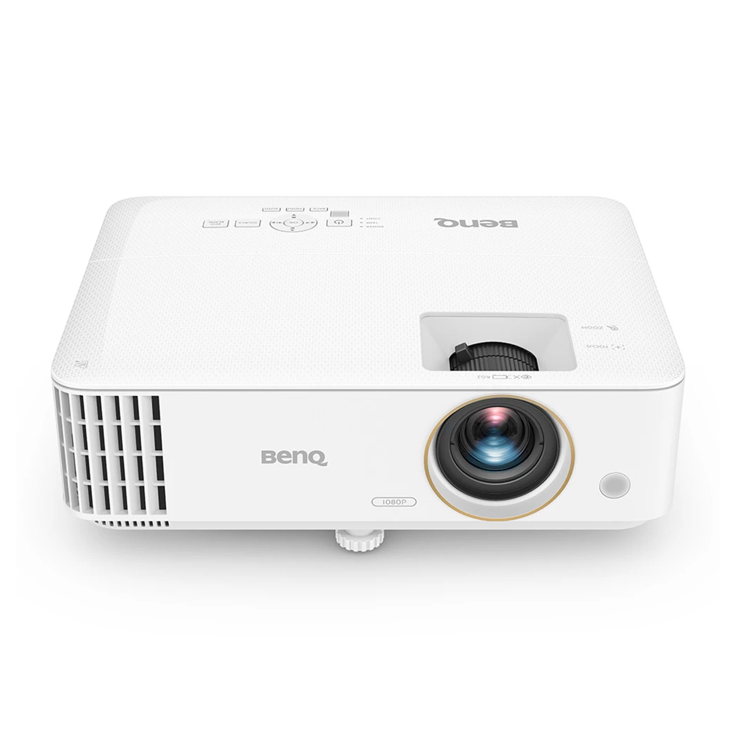 Proiettore BenQ bianco, vista frontale angolata. La lente, il pannello di controllo e il logo BenQ sono visibili.