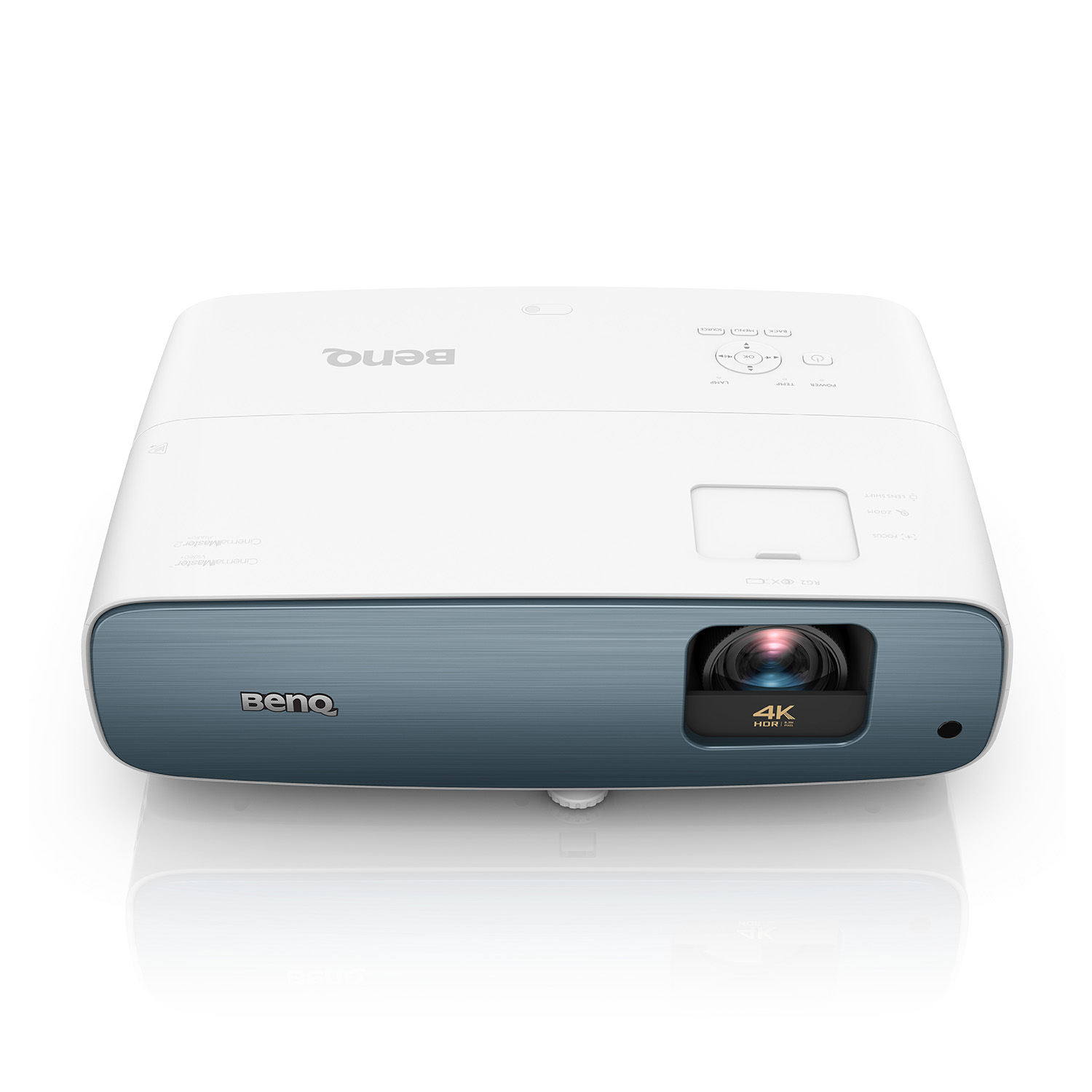 Proiettore bianco con frontale blu, logo BenQ e lente 4K HDR. Comandi in alto.
