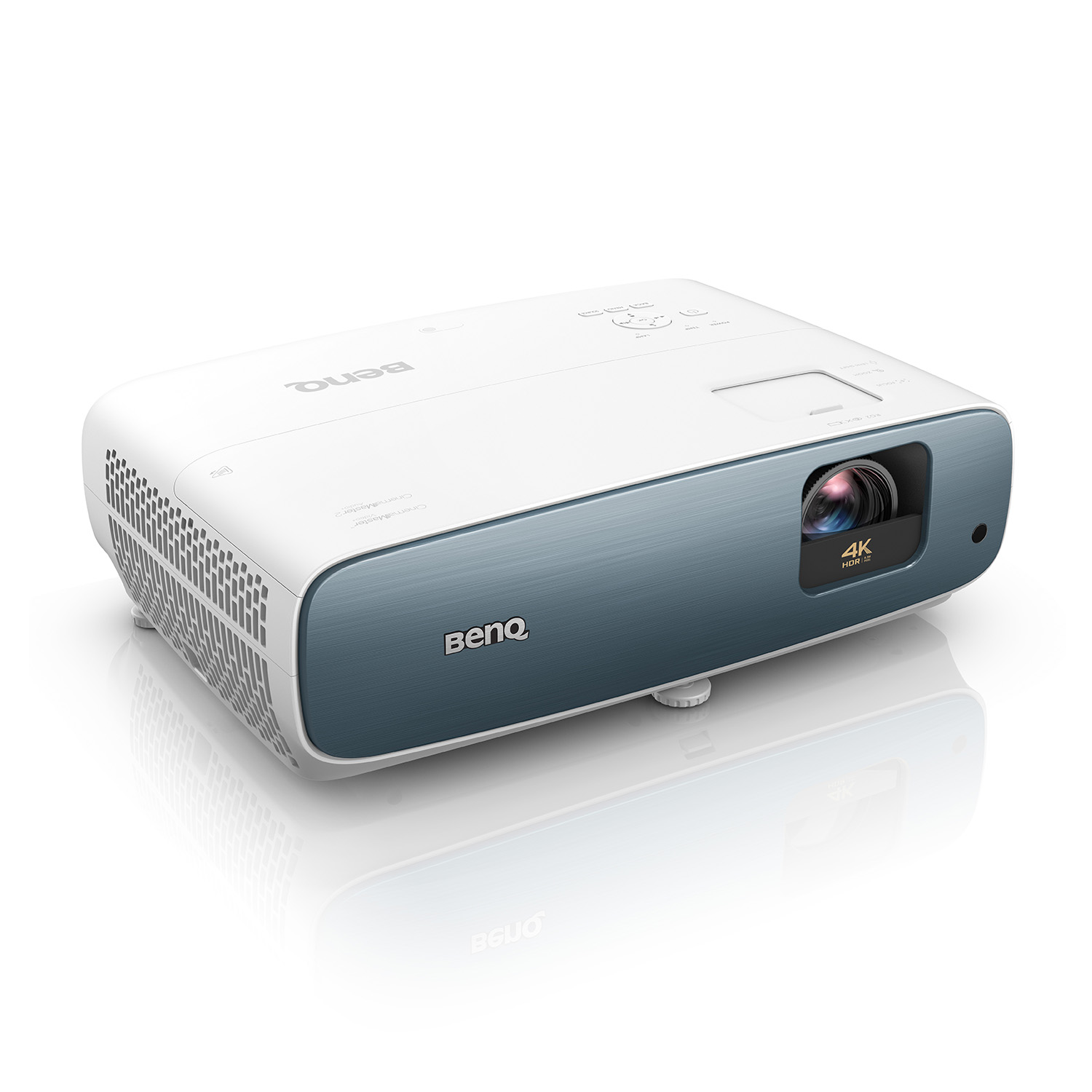 Proiettore bianco con frontale blu, logo BenQ, lente 4K HDR. Vista laterale.