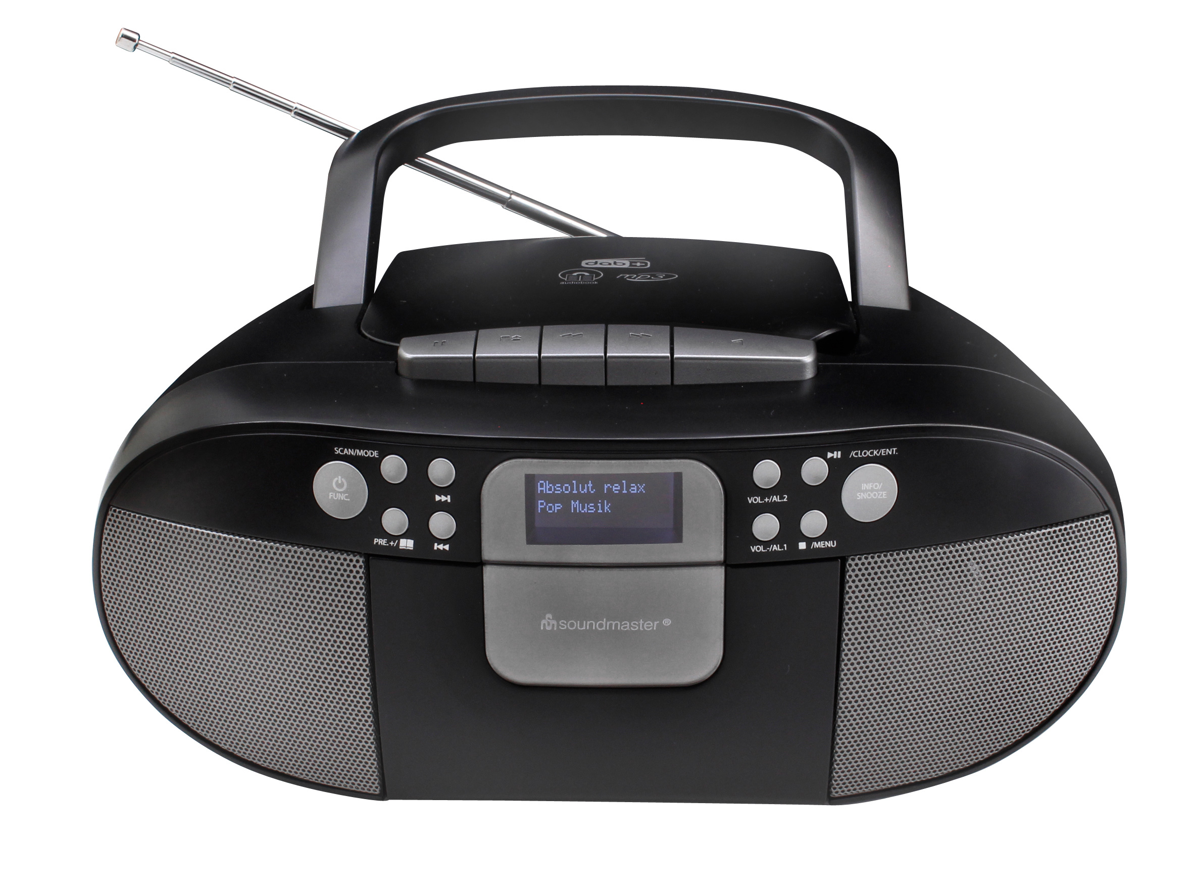 Schwarzes tragbares Radio mit CD-Player, Griff und Antenne. Es hat einen Bildschirm und Tasten.