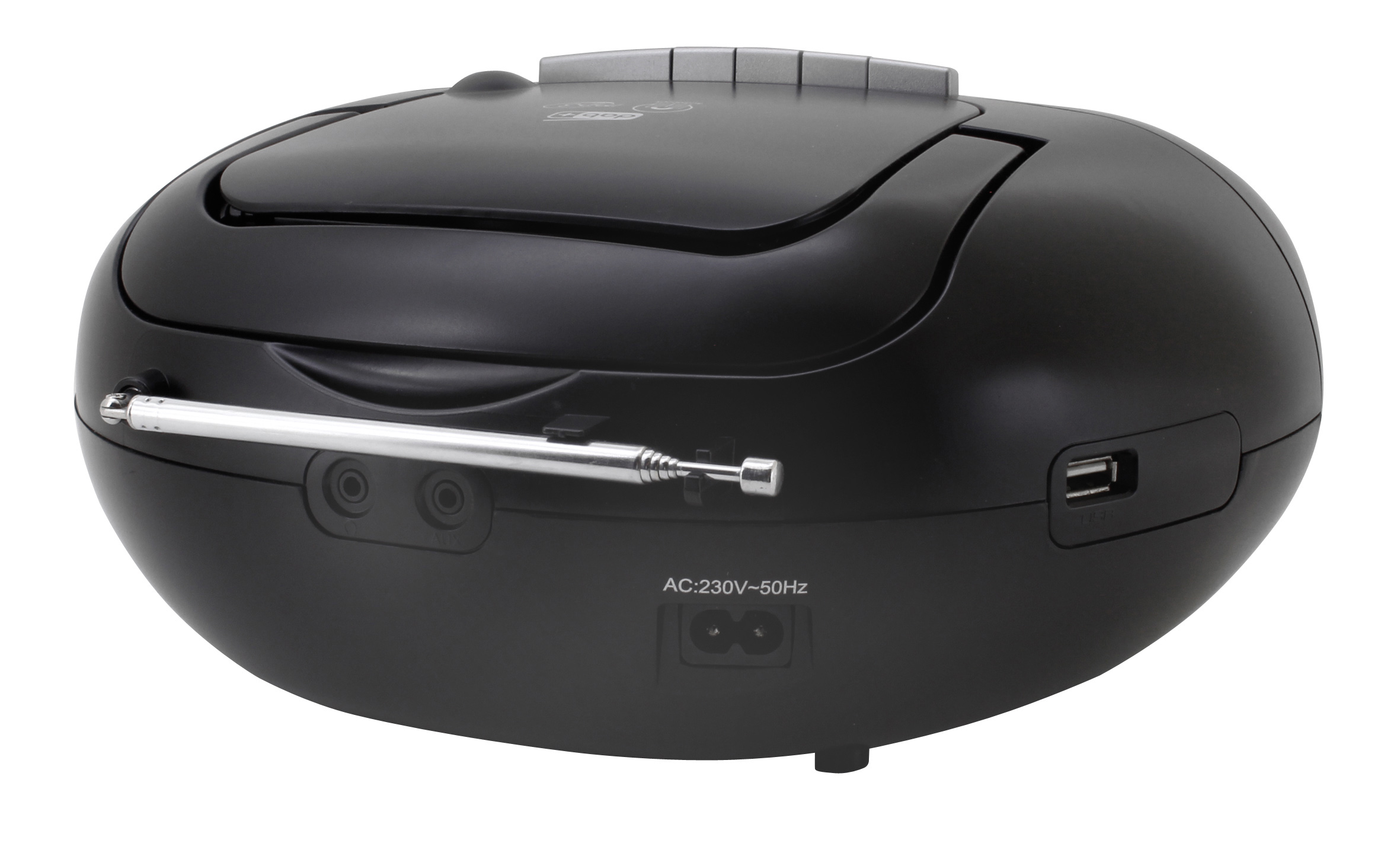 Schwarzer tragbarer CD-Player. Antenne, USB- und Stromanschlüsse sichtbar.
