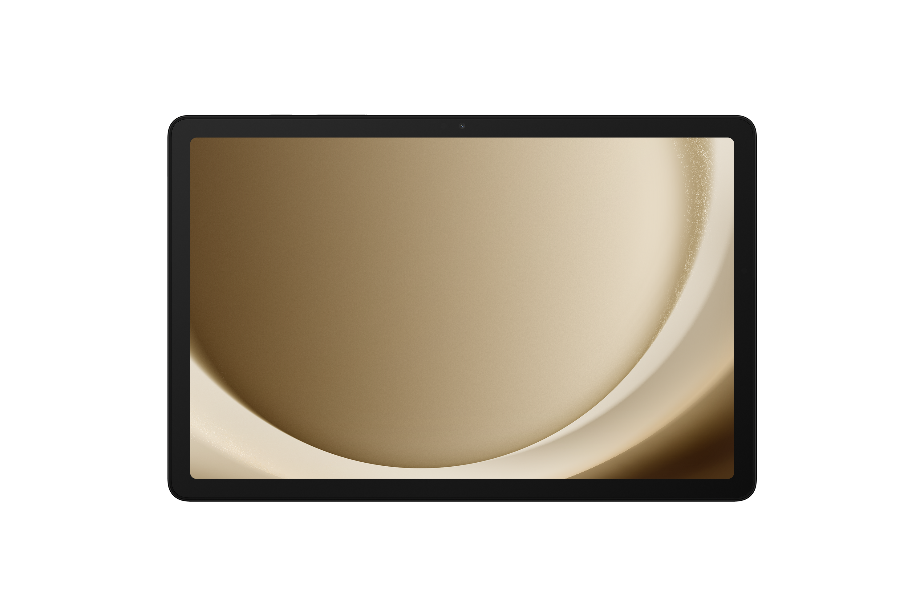 Siyah çerçeveli ve altın renk geçişli ekranlı bir tablet, siyah arka plan üzerinde.