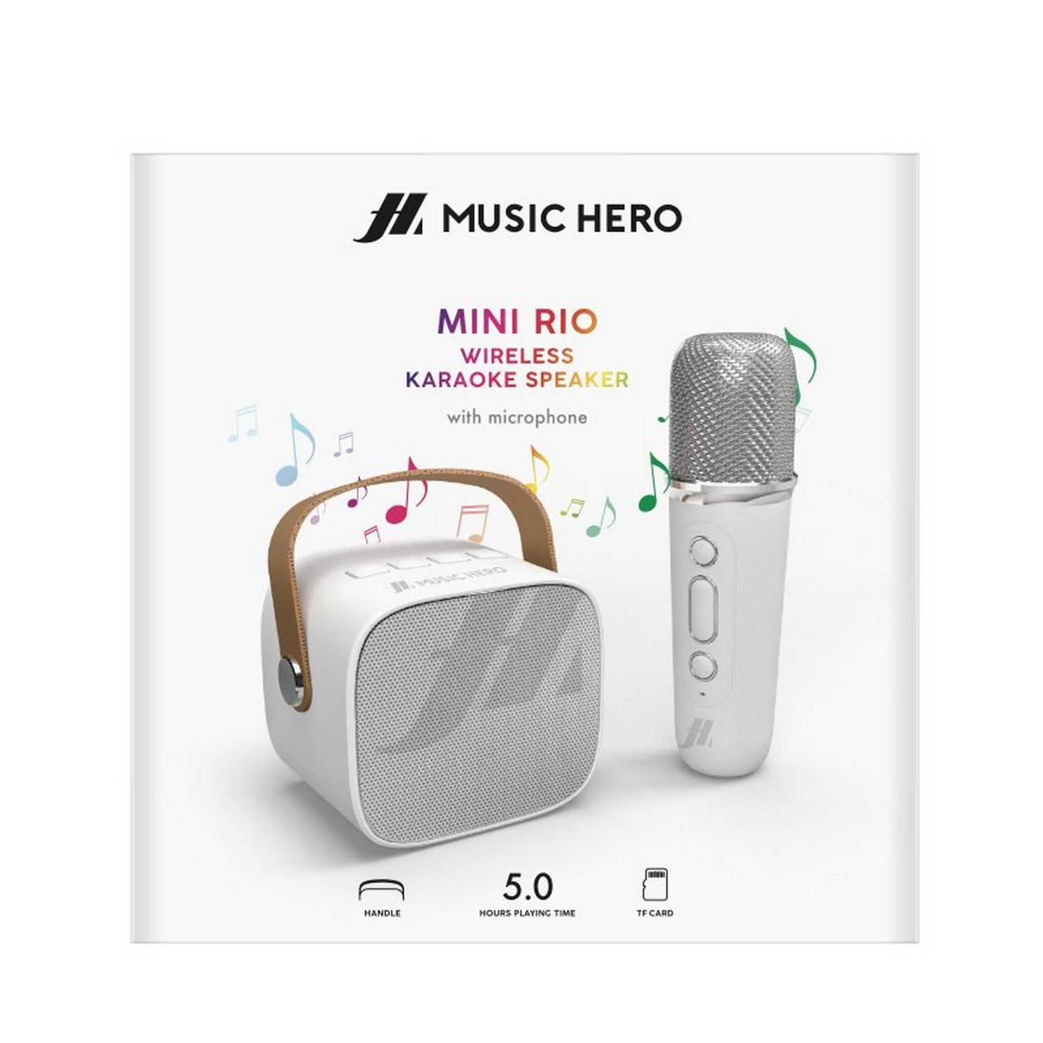 Witte karaokespeaker met een microfoon en muzieknoten. De achtergrond is wit met kleuraccenten.