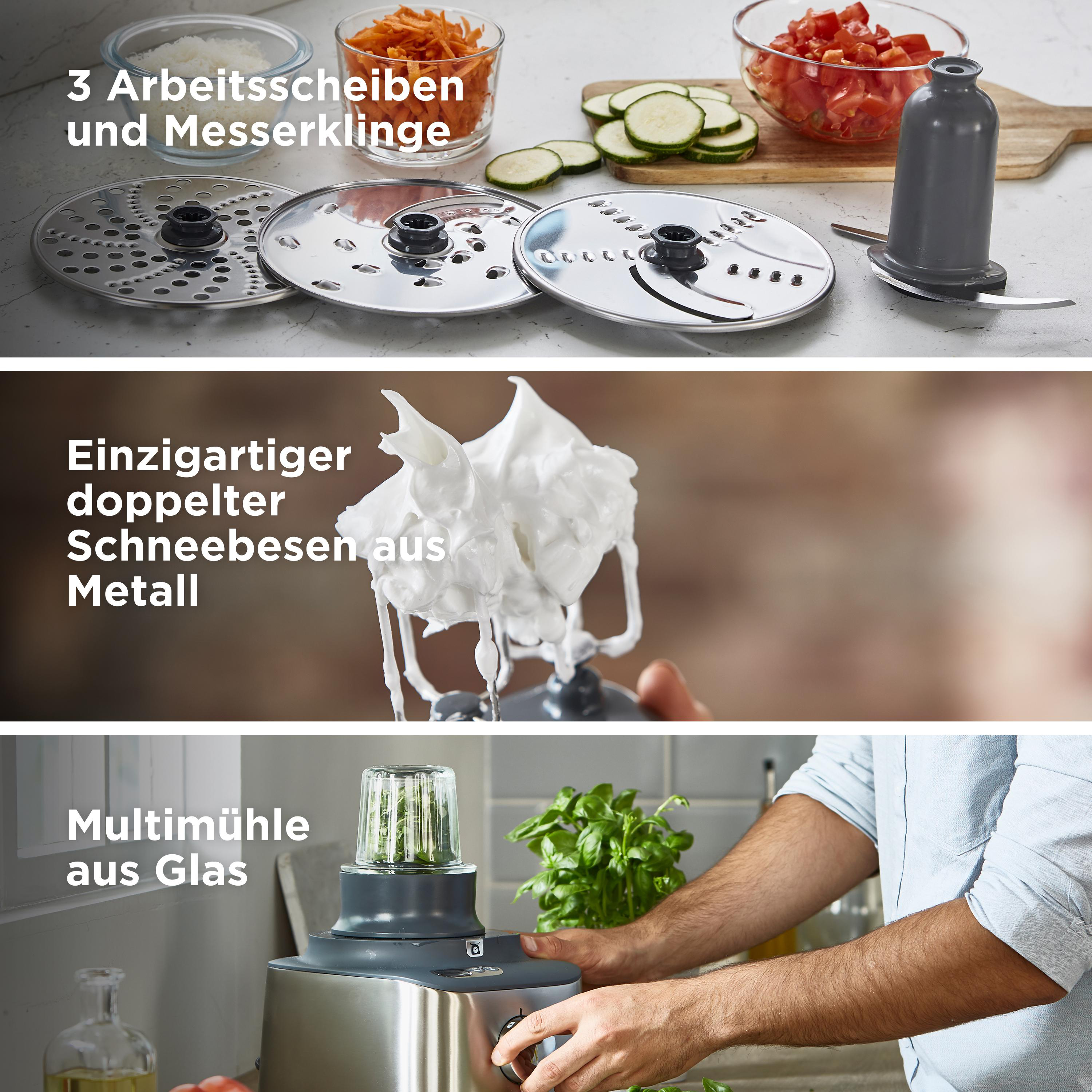 Eine Collage, die Zubehörteile und Zutaten für eine Küchenmaschine zeigt: Klingen, Schneebesen und Gemüse.