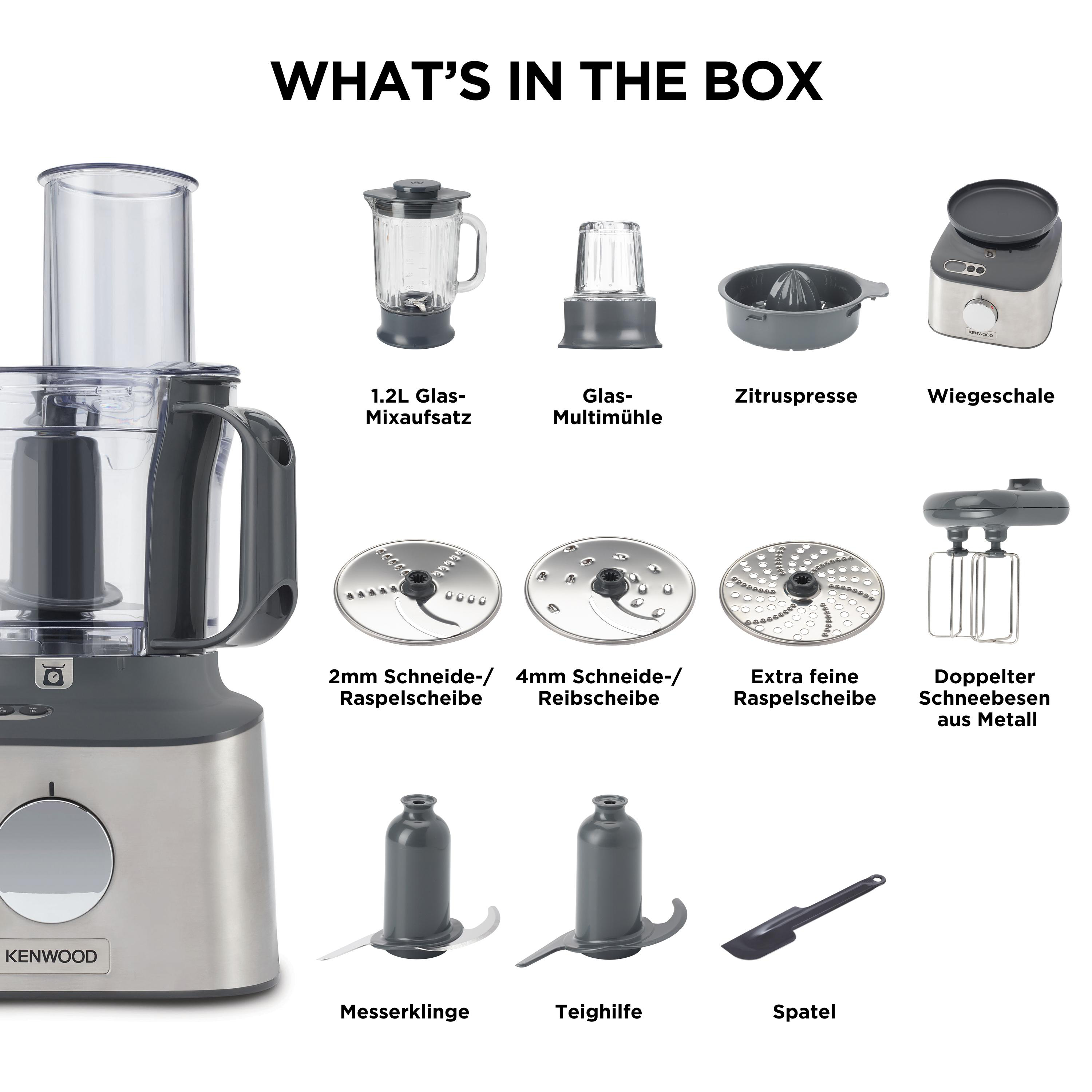 Ein zerlegter Food-Processor mit verschiedenen Teilen und Zubehör. Der Text lautet 'WHAT'S IN THE BOX'.
