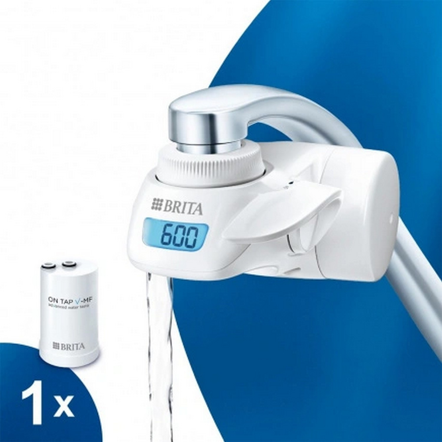Witte Brita waterfilter met digitaal display met '600' en een klein filter links.