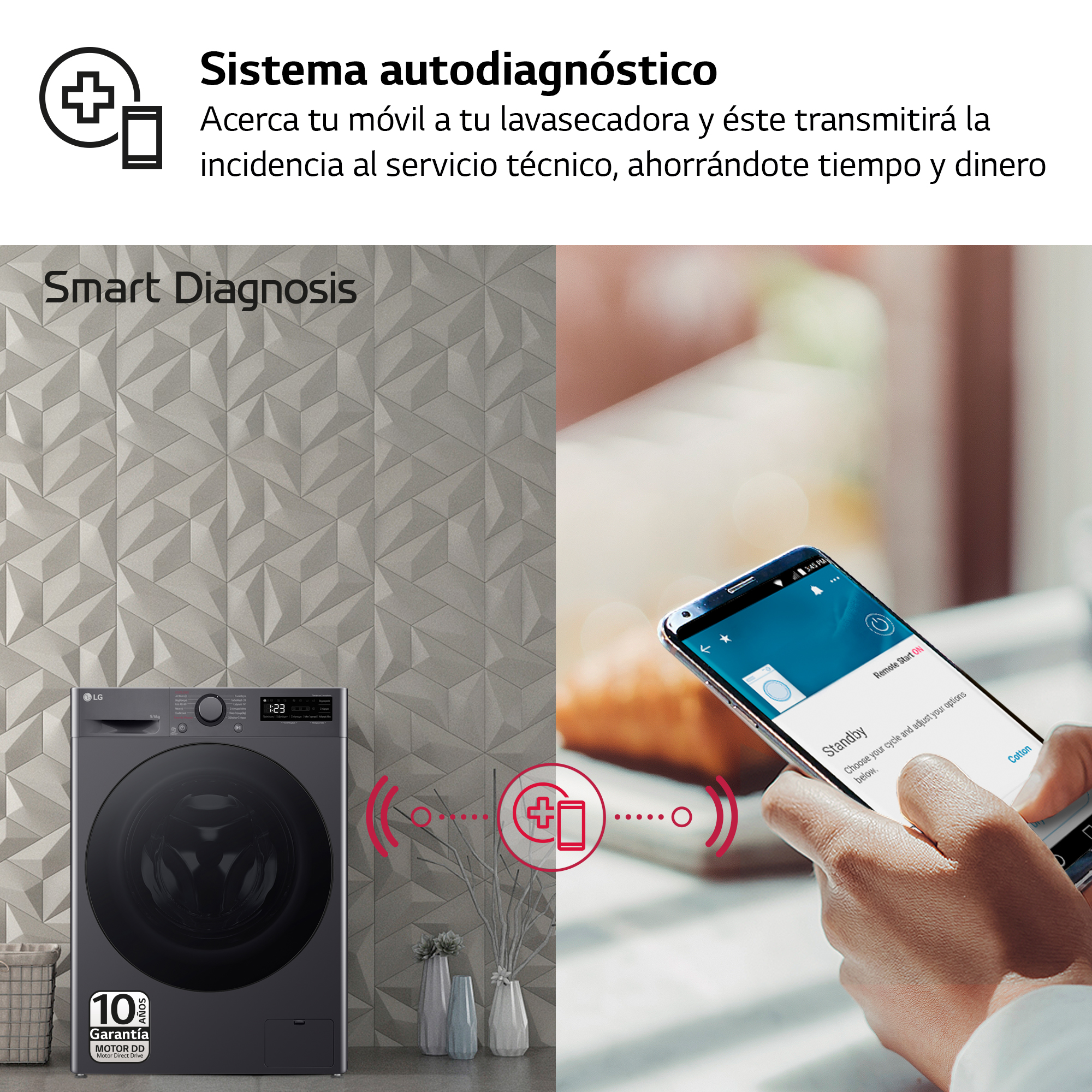 Una lavadora inteligente y un teléfono mostrando una interfaz de aplicación. El teléfono lo sostiene una persona.