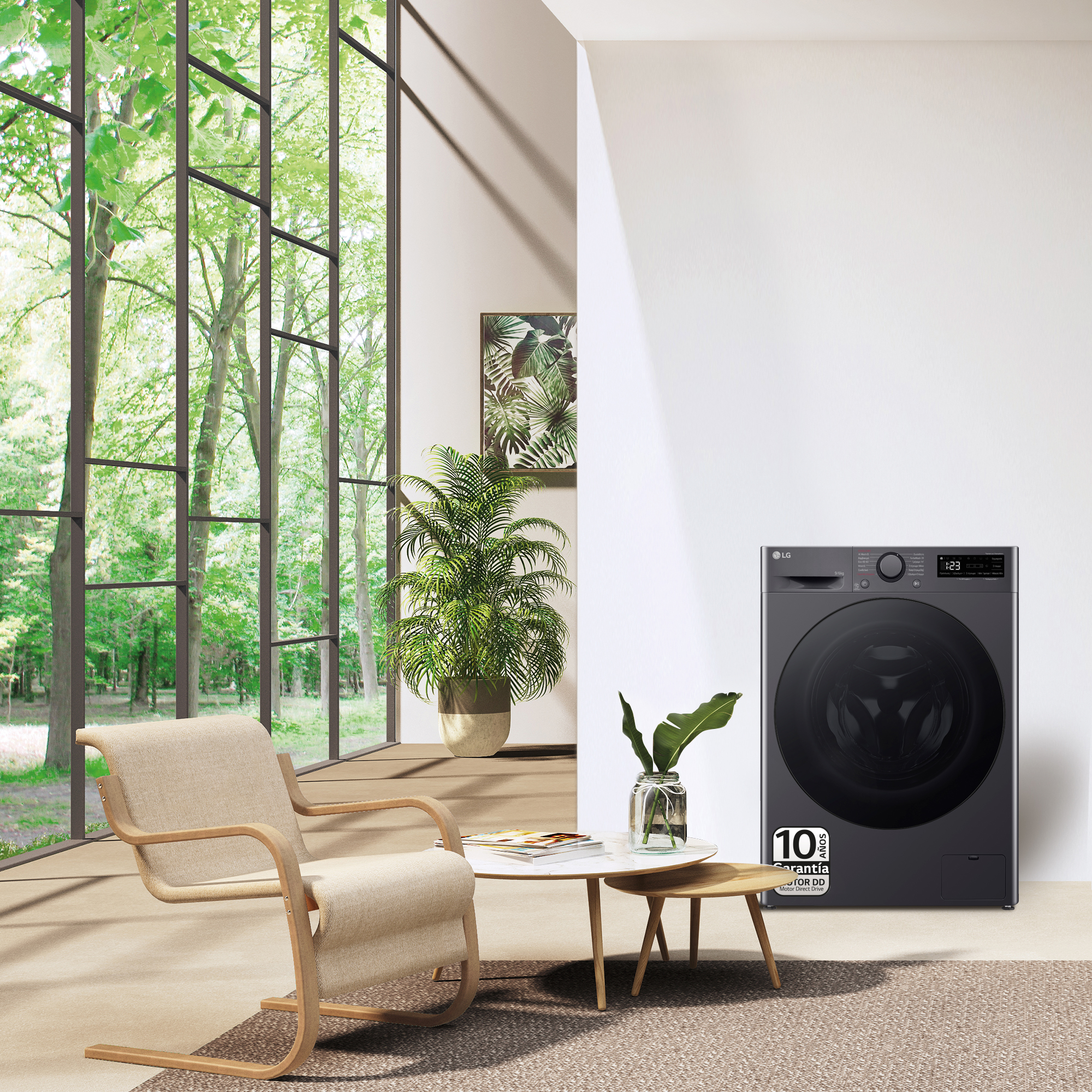 Una sala de estar moderna con una lavadora LG negra, una silla, una mesa pequeña y una ventana.