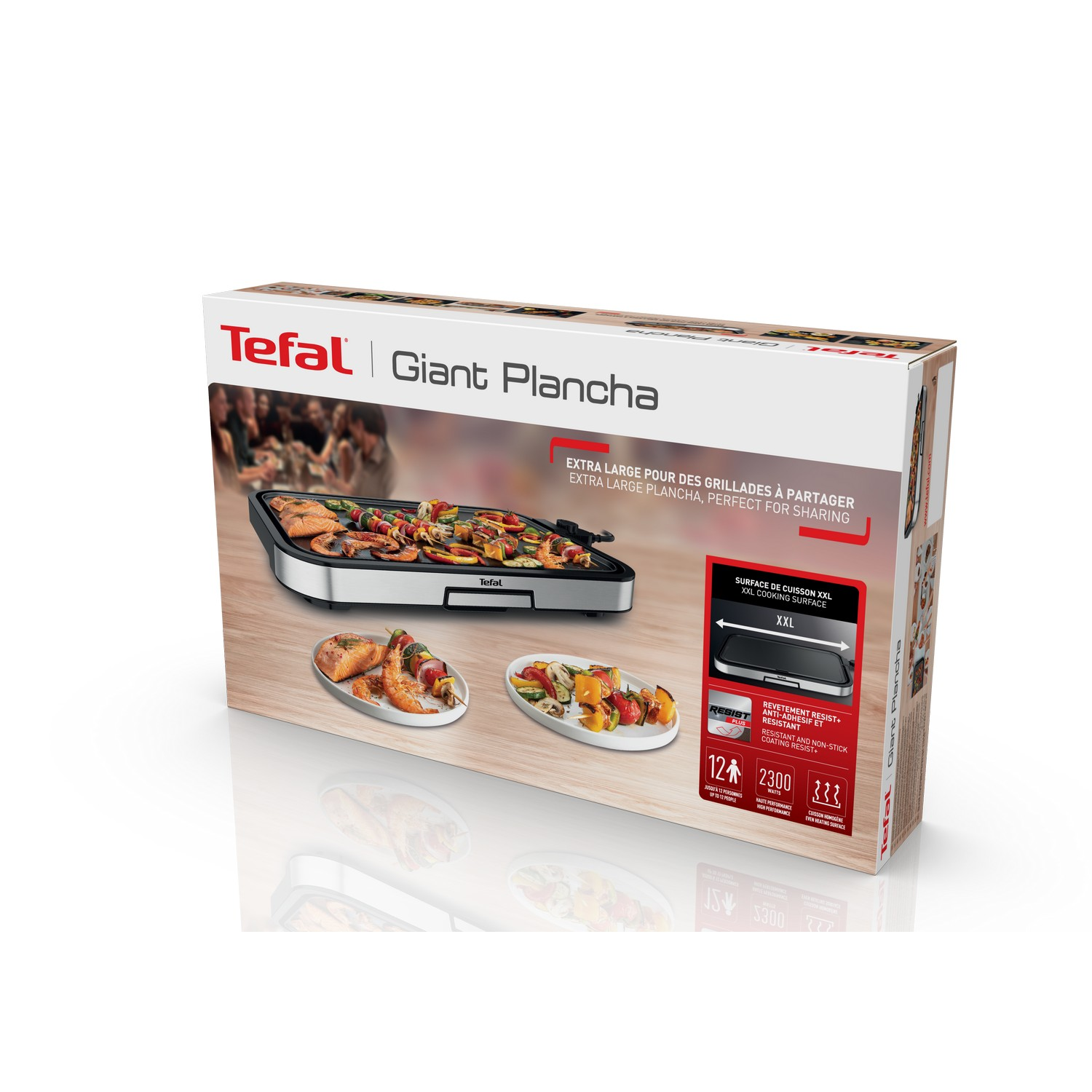 Une boîte avec une image de la plancha Tefal et des détails du produit.