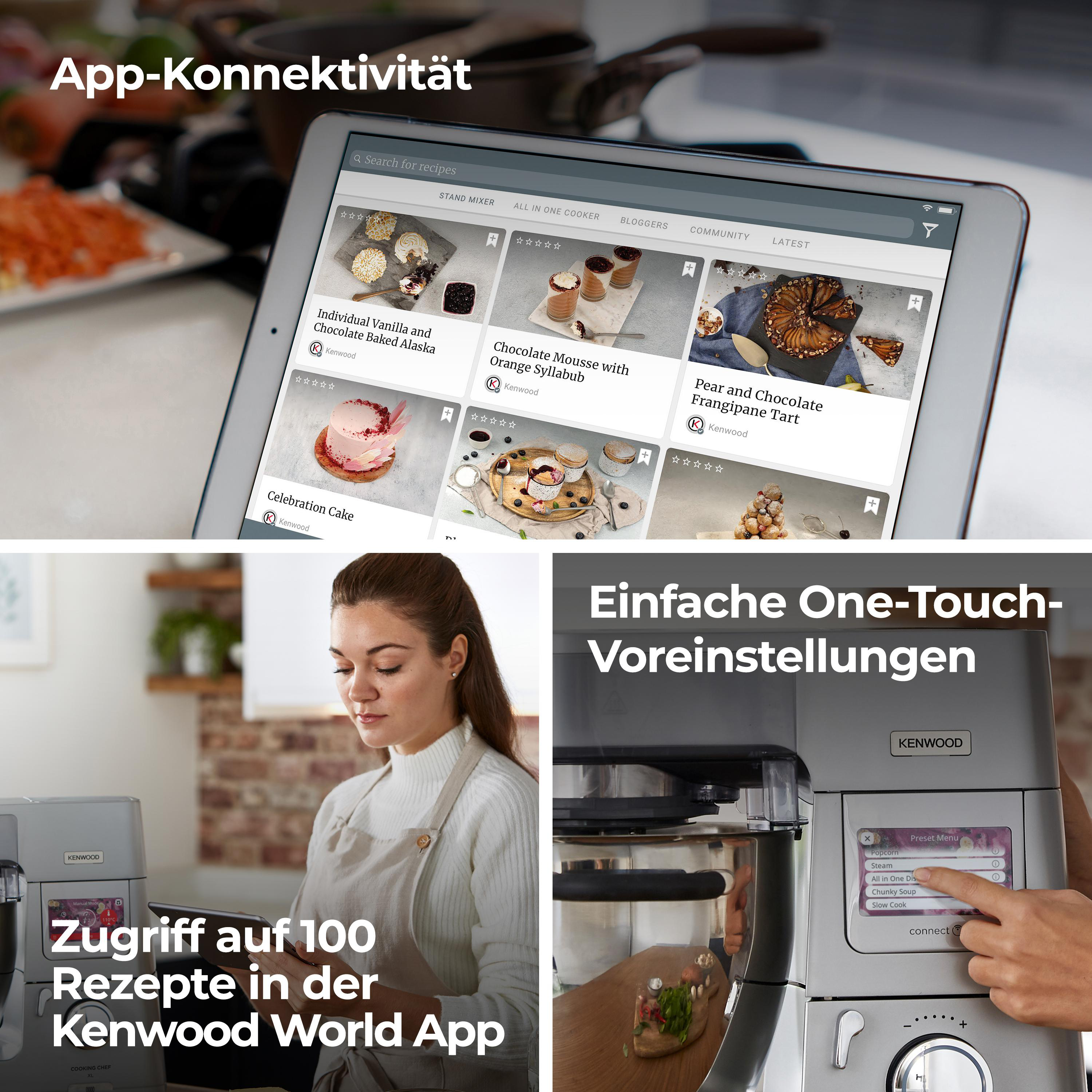 Ein Tablet zeigt Rezepte, eine Frau benutzt einen Mixer. Text hebt 100 Rezepte und App-Konnektivität hervor.
