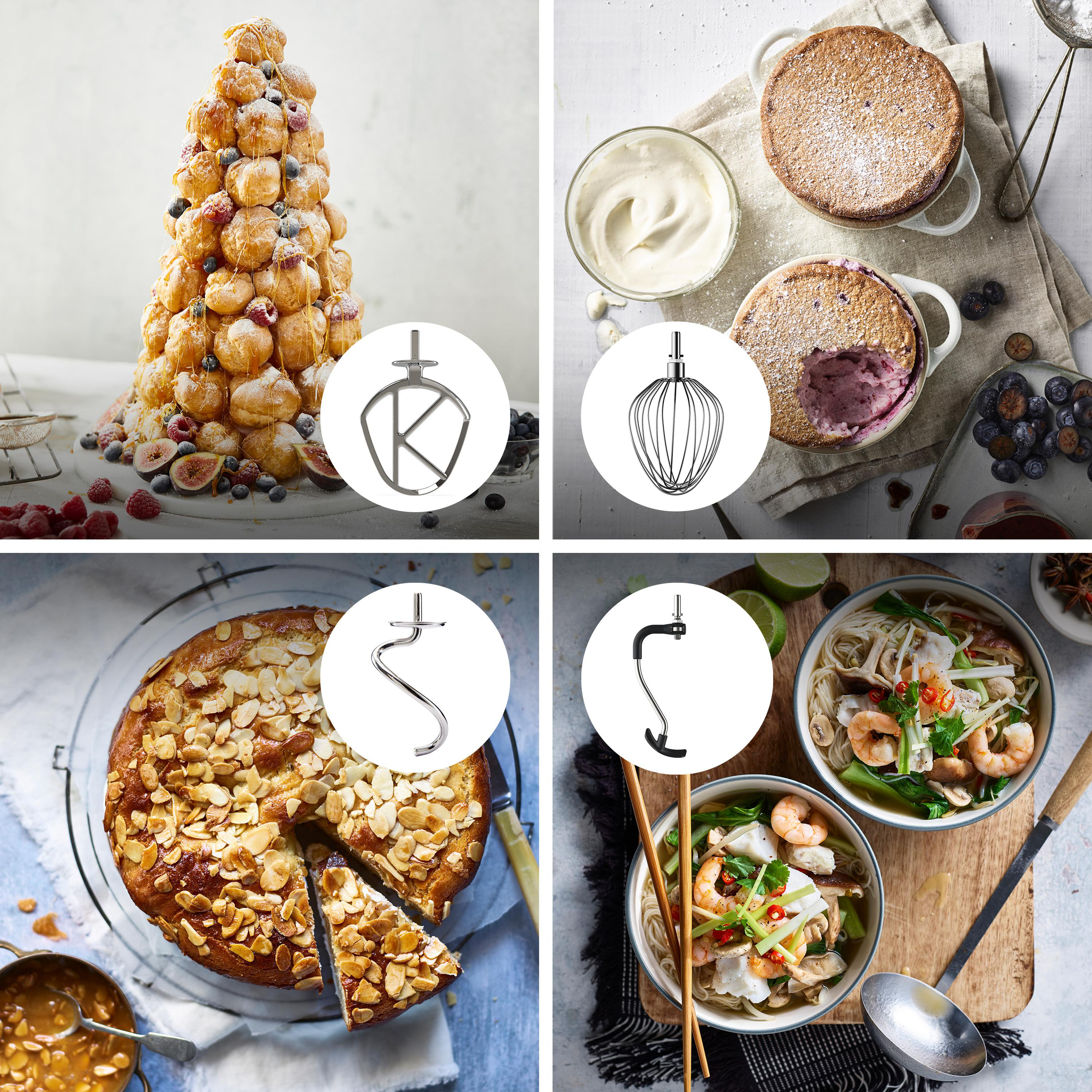 Vier Bilder mit Küchengeräten: Croquembouche, Rühraufsätze, Kuchen, Nudeln und Suppe.
