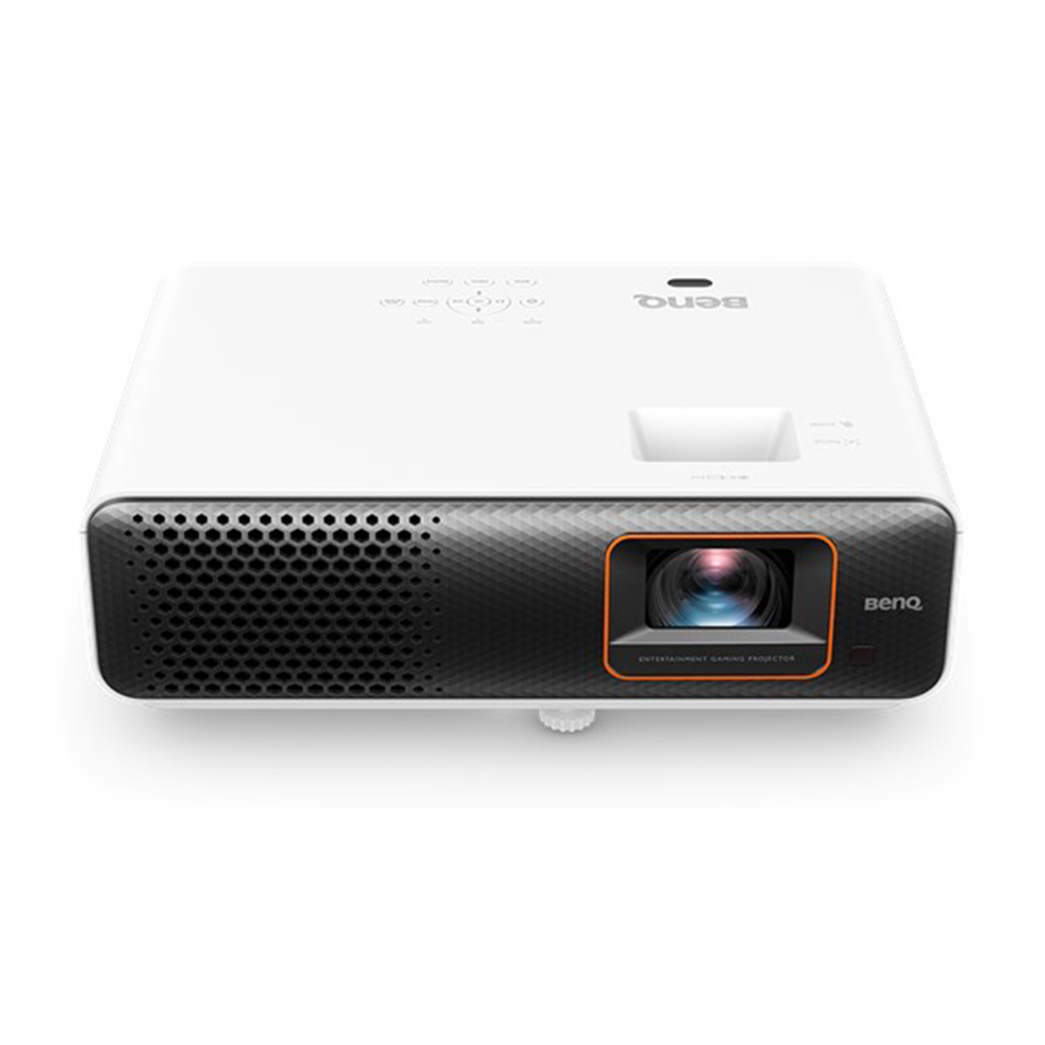 Proiettore bianco con frontale nero, bordo arancione, logo BenQ, lente. Gaming.