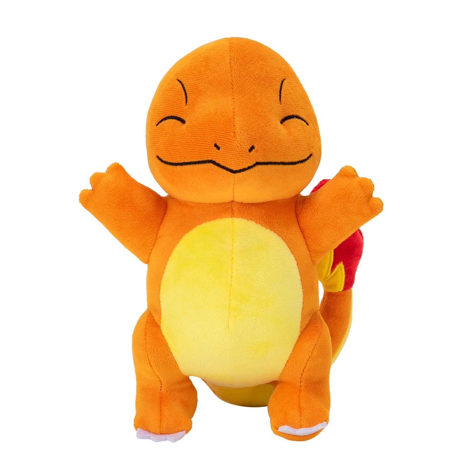 Un peluche arancione di Charmander con le braccia tese e un sorriso.
