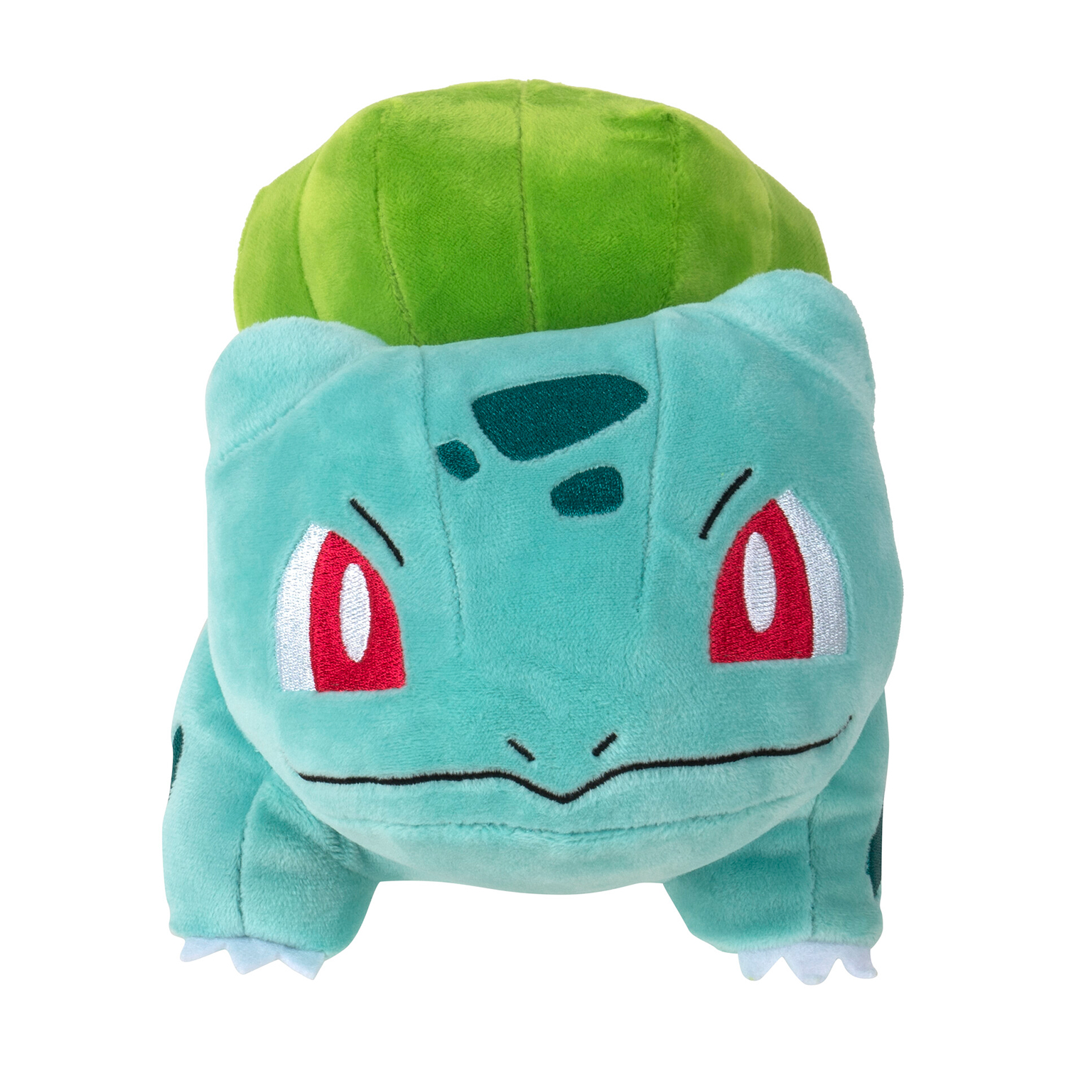 Peluche di Bulbasaur con testa verde e un bulbo sulla schiena. Gli occhi sono rossi.