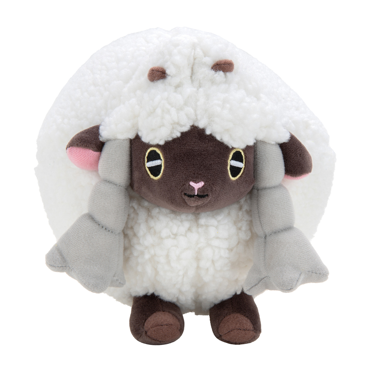 Un peluche a forma di pecora con lana bianca e soffice e un muso marrone. Ha un'espressione carina.