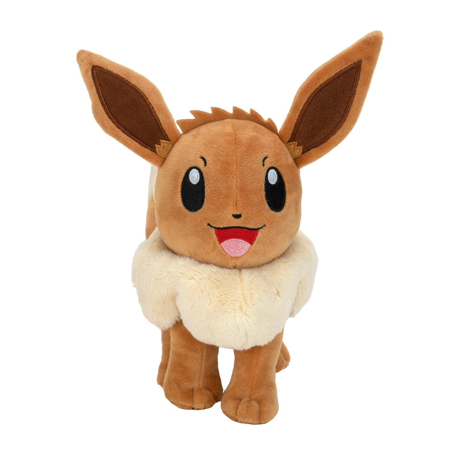 Un peluche di Eevee. È marrone con grandi orecchie e un colletto soffice.