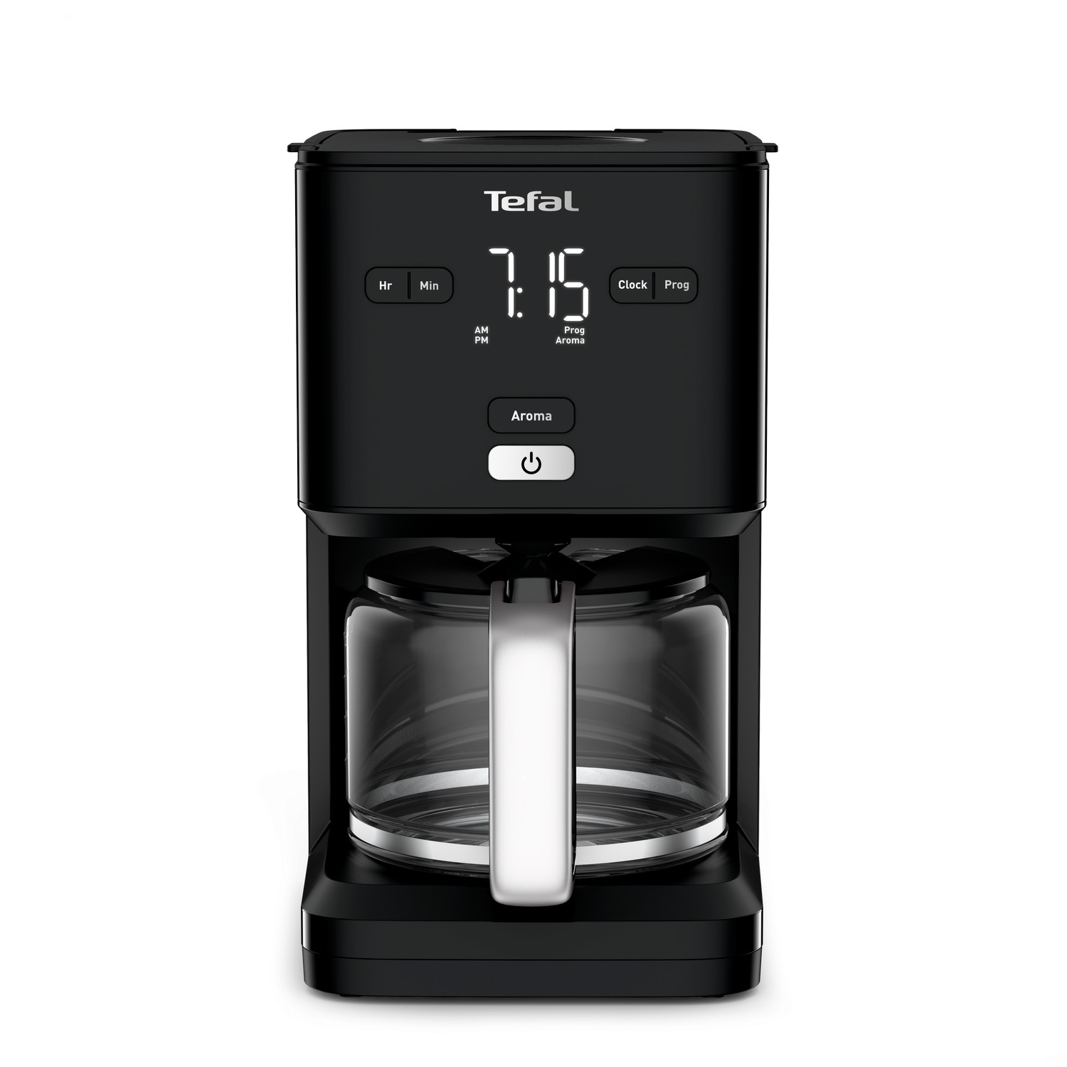 Zwarte Tefal koffiezetapparaat met digitaal display, glazen kan, op een witte achtergrond.