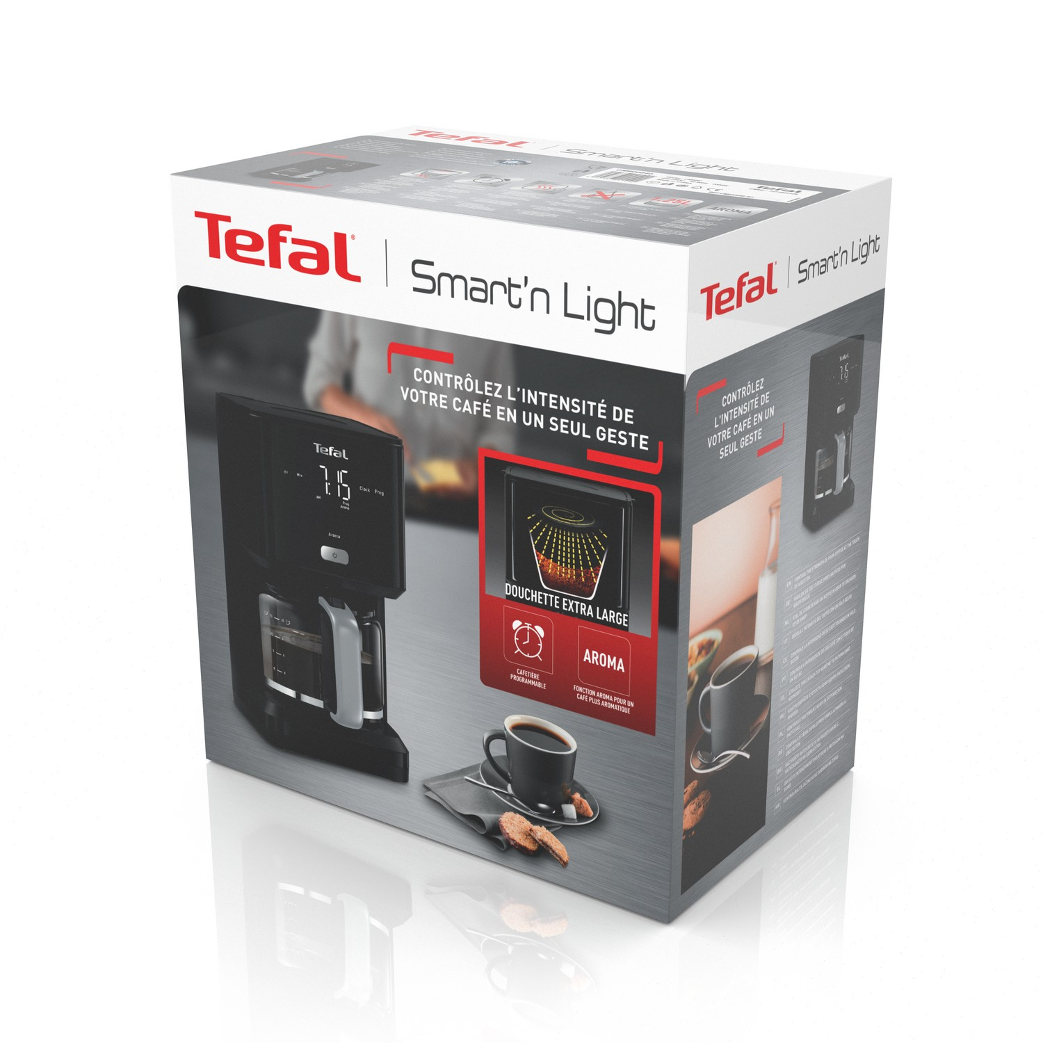 Een doos van een Tefal koffiezetapparaat op een wit oppervlak. De doos toont een koffiezetapparaat en een kopje koffie.