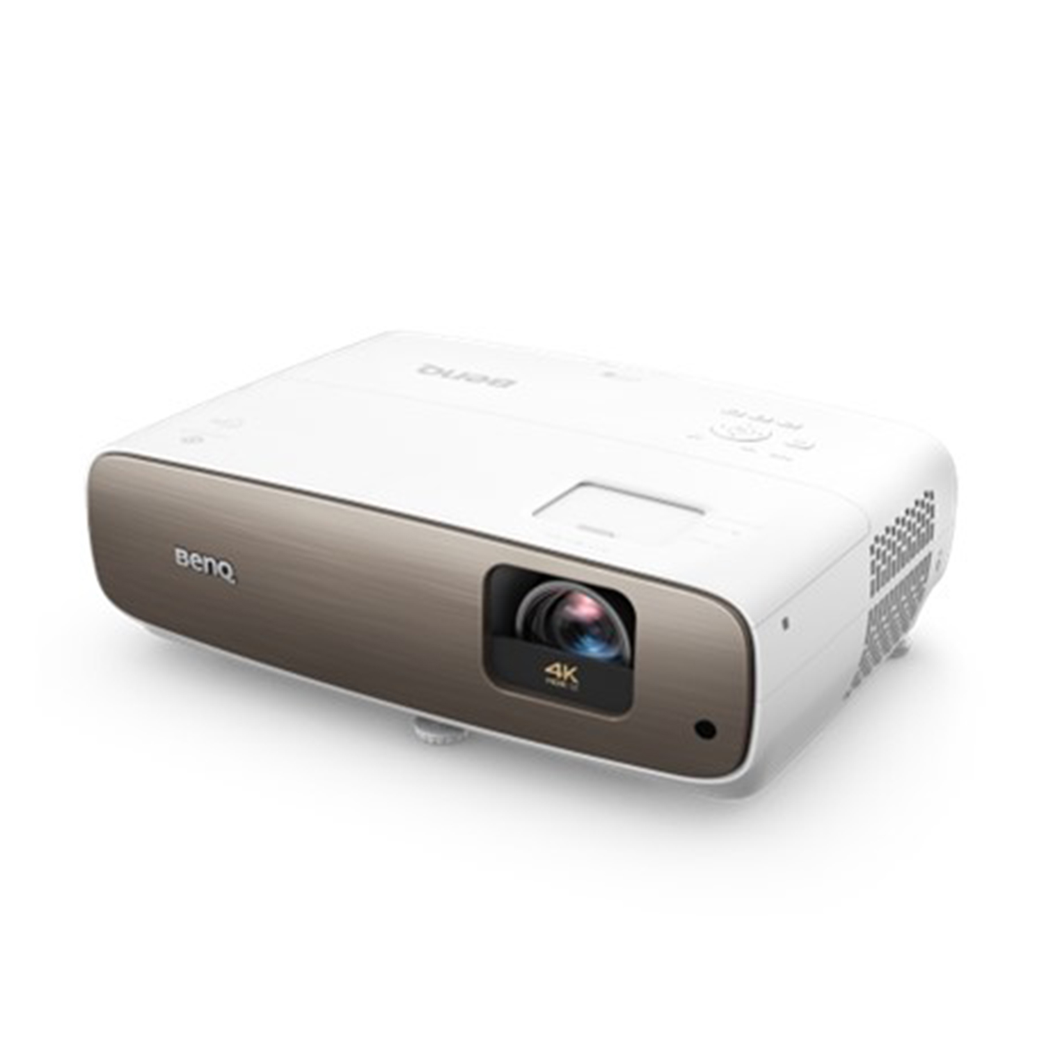 Proiettore bianco con frontale marrone, logo BenQ, lente 4K HDR. Vista laterale.
