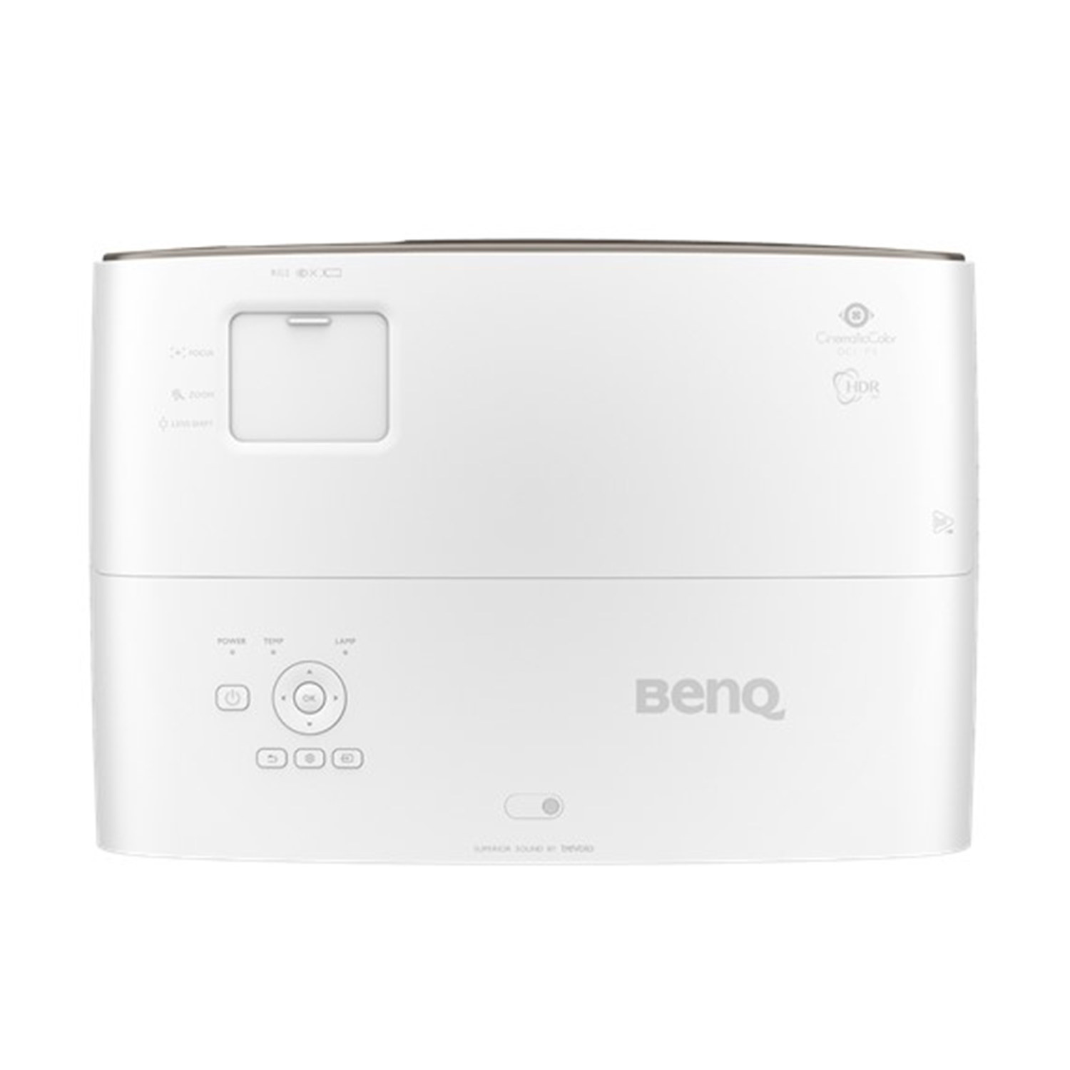 Proiettore BenQ bianco con pulsanti di controllo. Parte superiore con area lenti e indicatori.