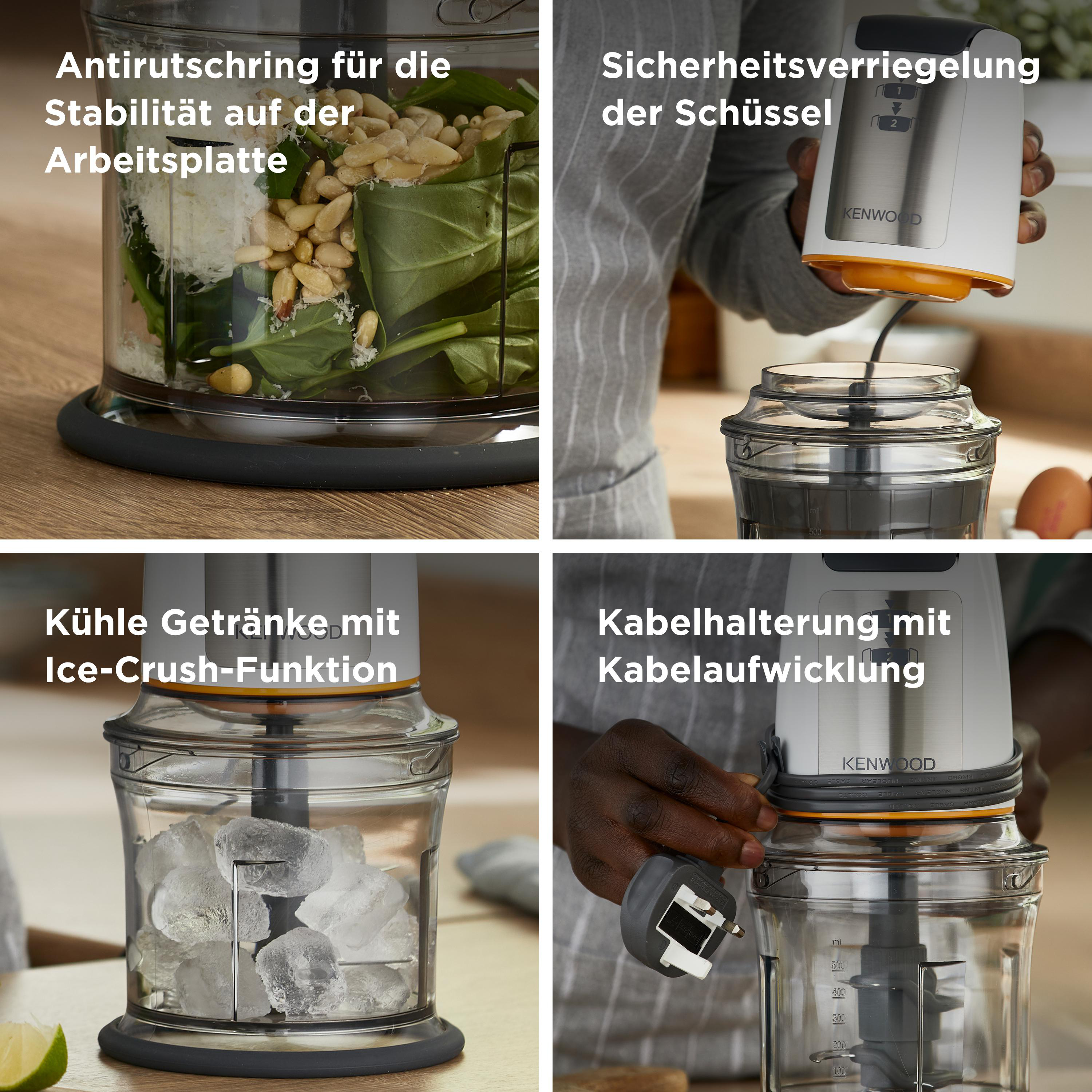 Kenwood-Küchenmaschine in vier Bildern. Montage und Funktion zeigend.