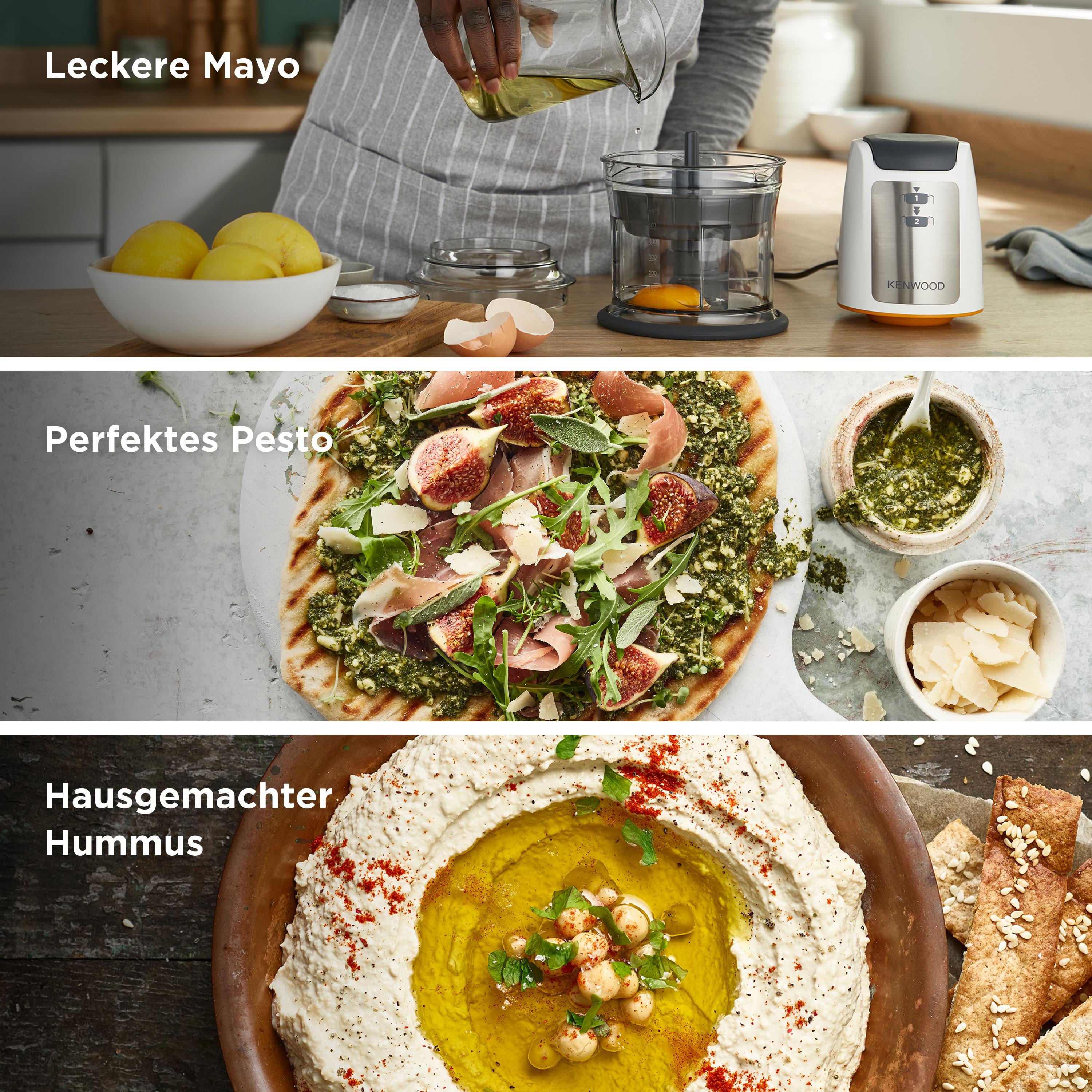 Drei Lebensmittel: Mayonnaise wird hergestellt, Pesto und Hummus, auf einem Tisch ausgestellt.