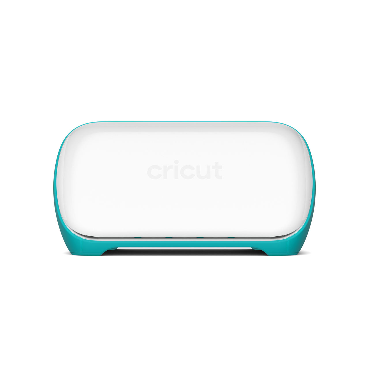 Türkisfarbene Cricut-Maschine mit weißer Front. Das Logo ist sichtbar. Das Design ist abgerundet.
