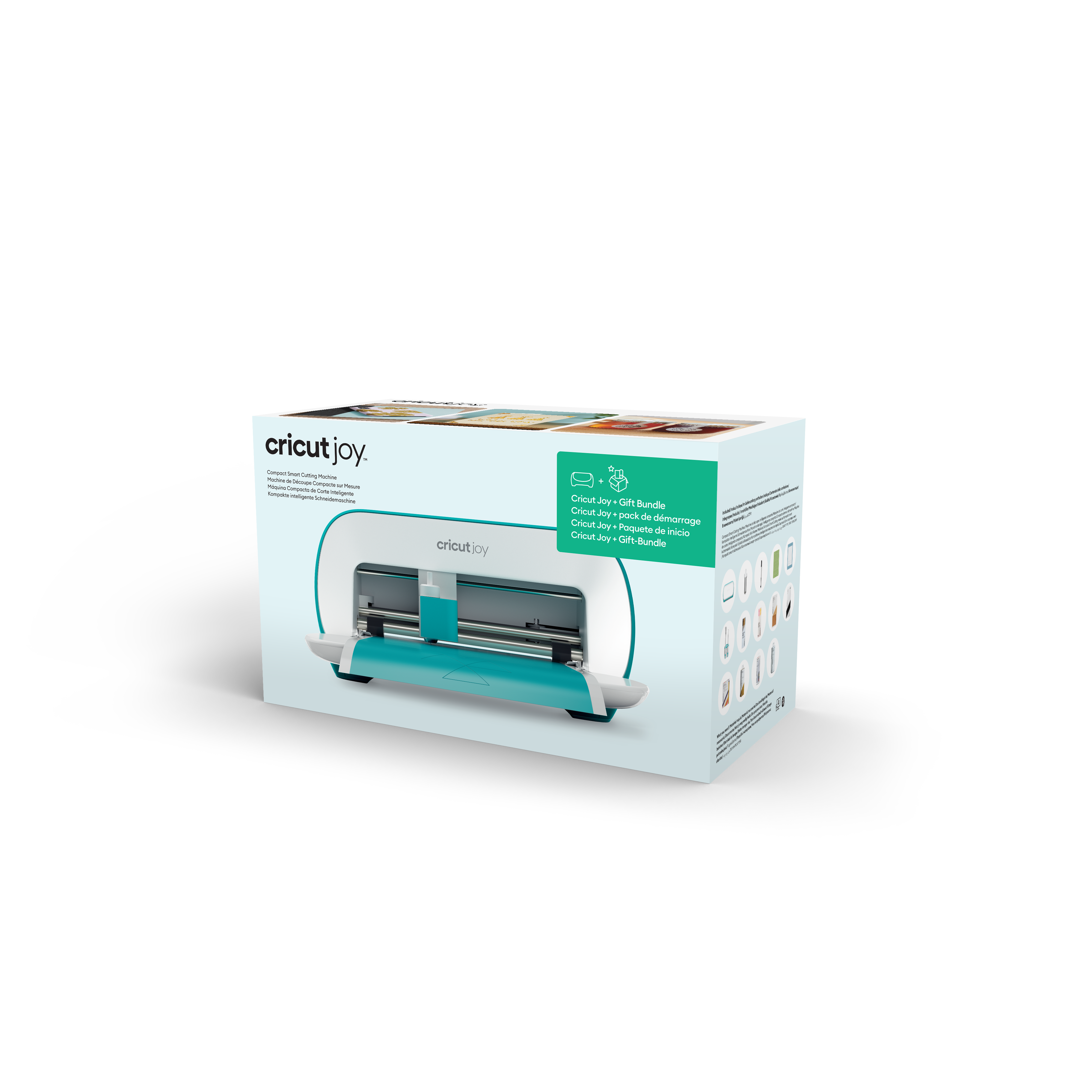 Cricut Joy Box mit einer teal-farbenen Maschine. Box mit Projektbildern und Text.