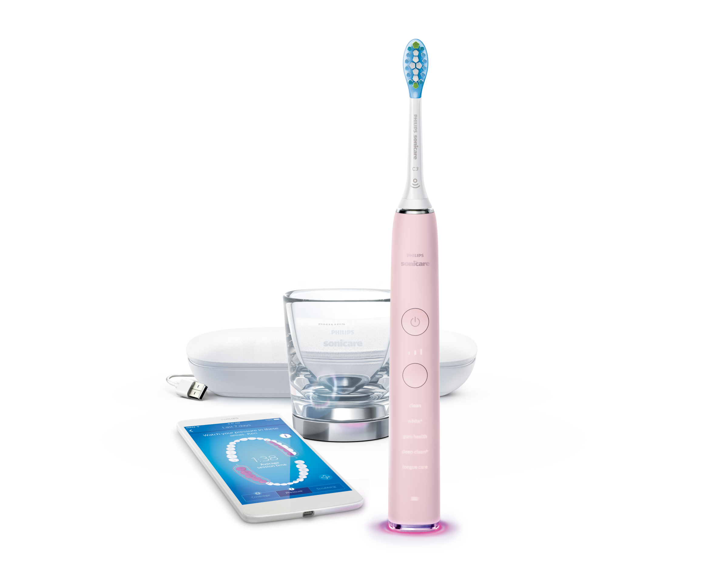 Różowa szczoteczka Philips Sonicare z akcesoriami.
