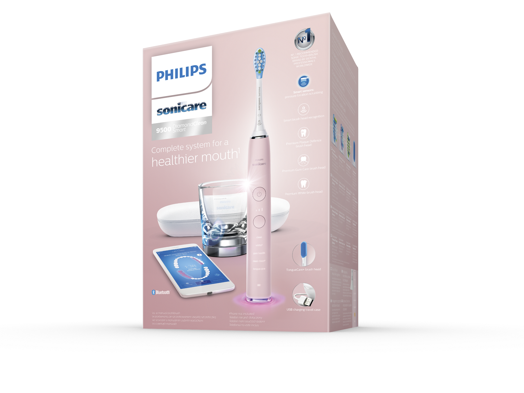 Różowa szczoteczka Philips Sonicare, pudełko, szklanka i ekran telefonu na białym tle.