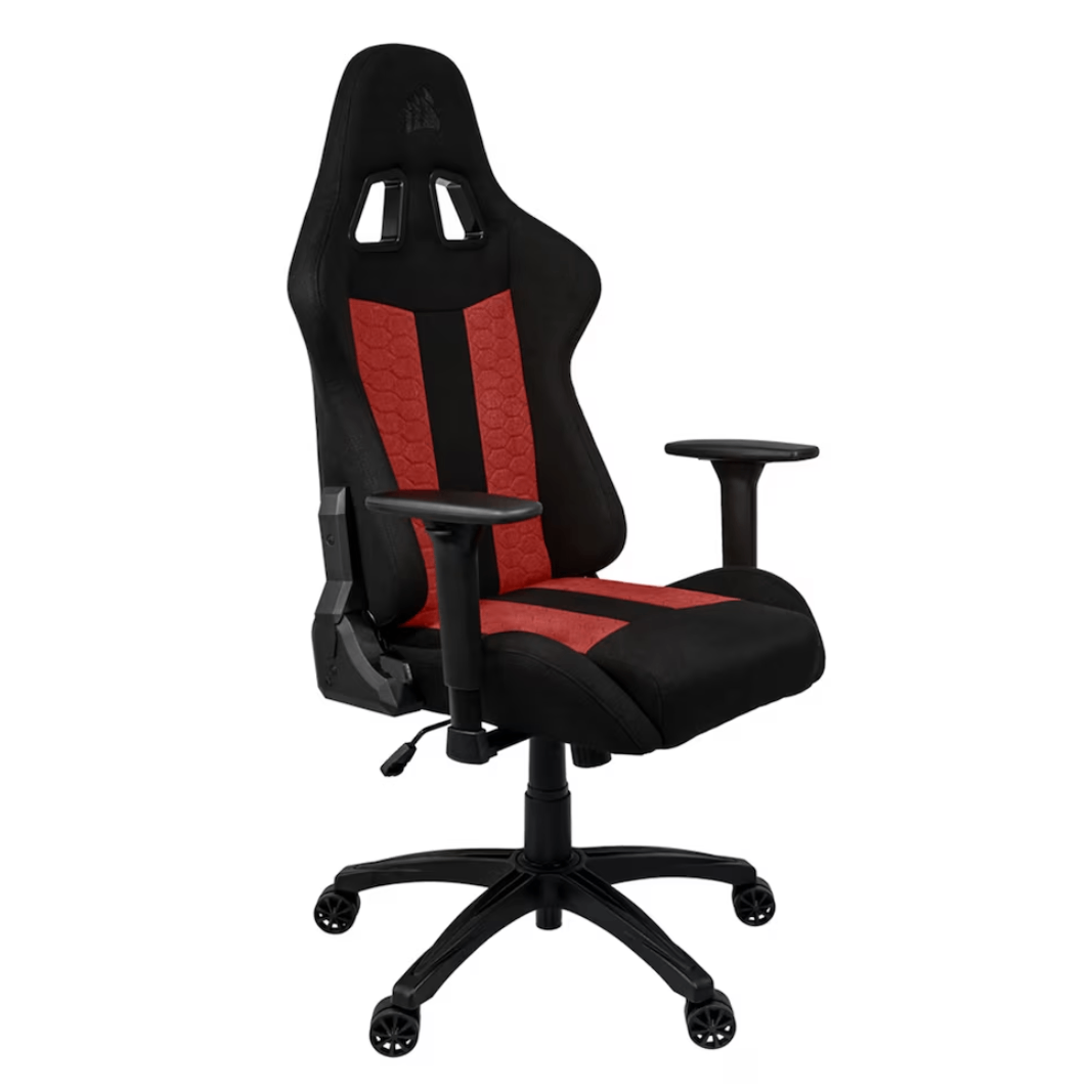 Silla de juego negra y roja sobre fondo blanco.