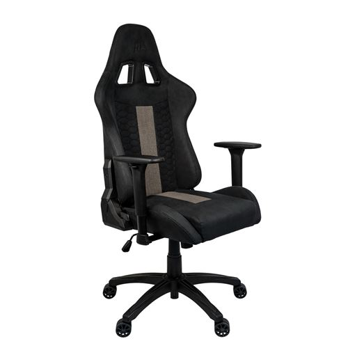 Silla gaming negra y gris con respaldo alto, reposabrazos y base negra.
