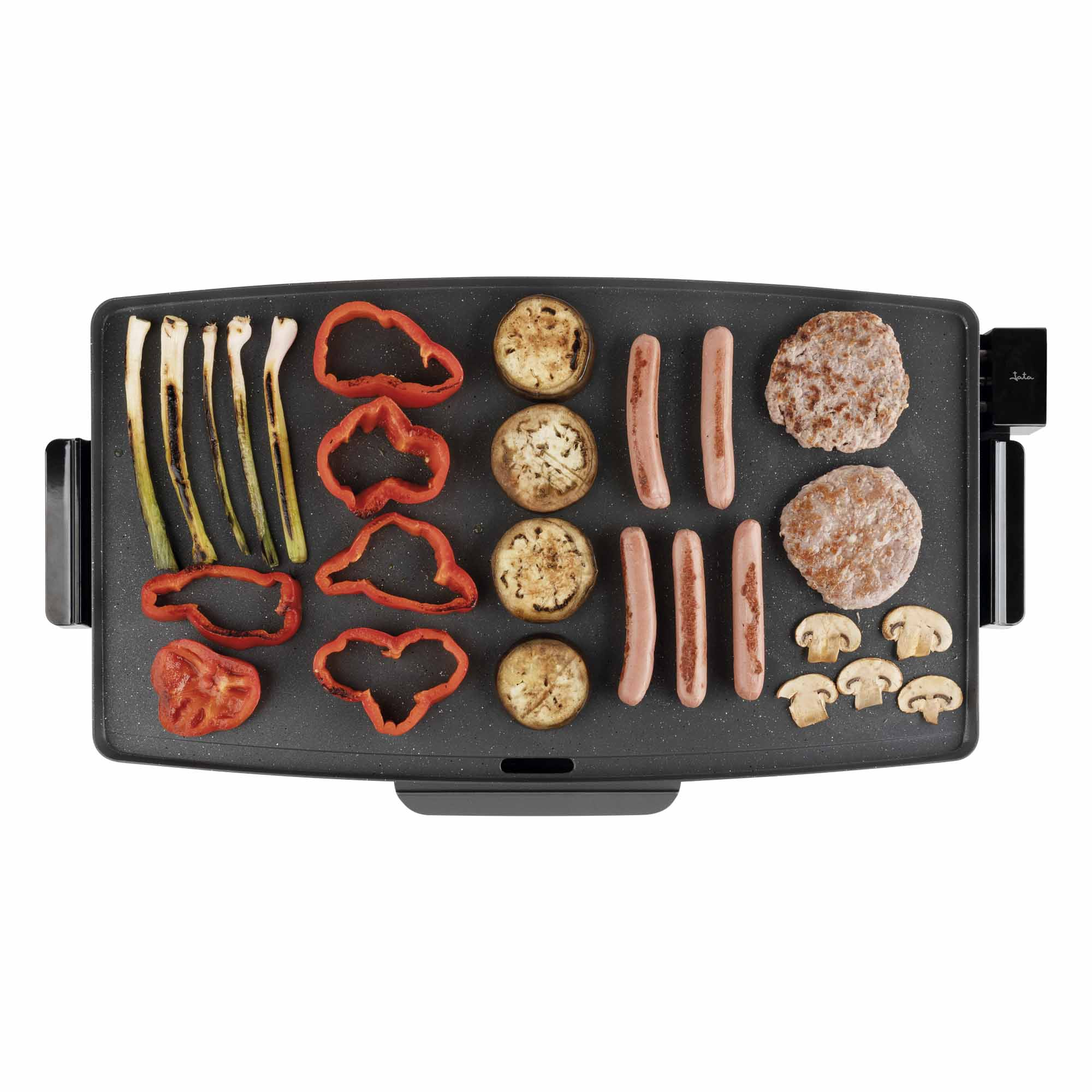 Una variedad de verduras y carnes a la parrilla en una parrilla eléctrica negra.