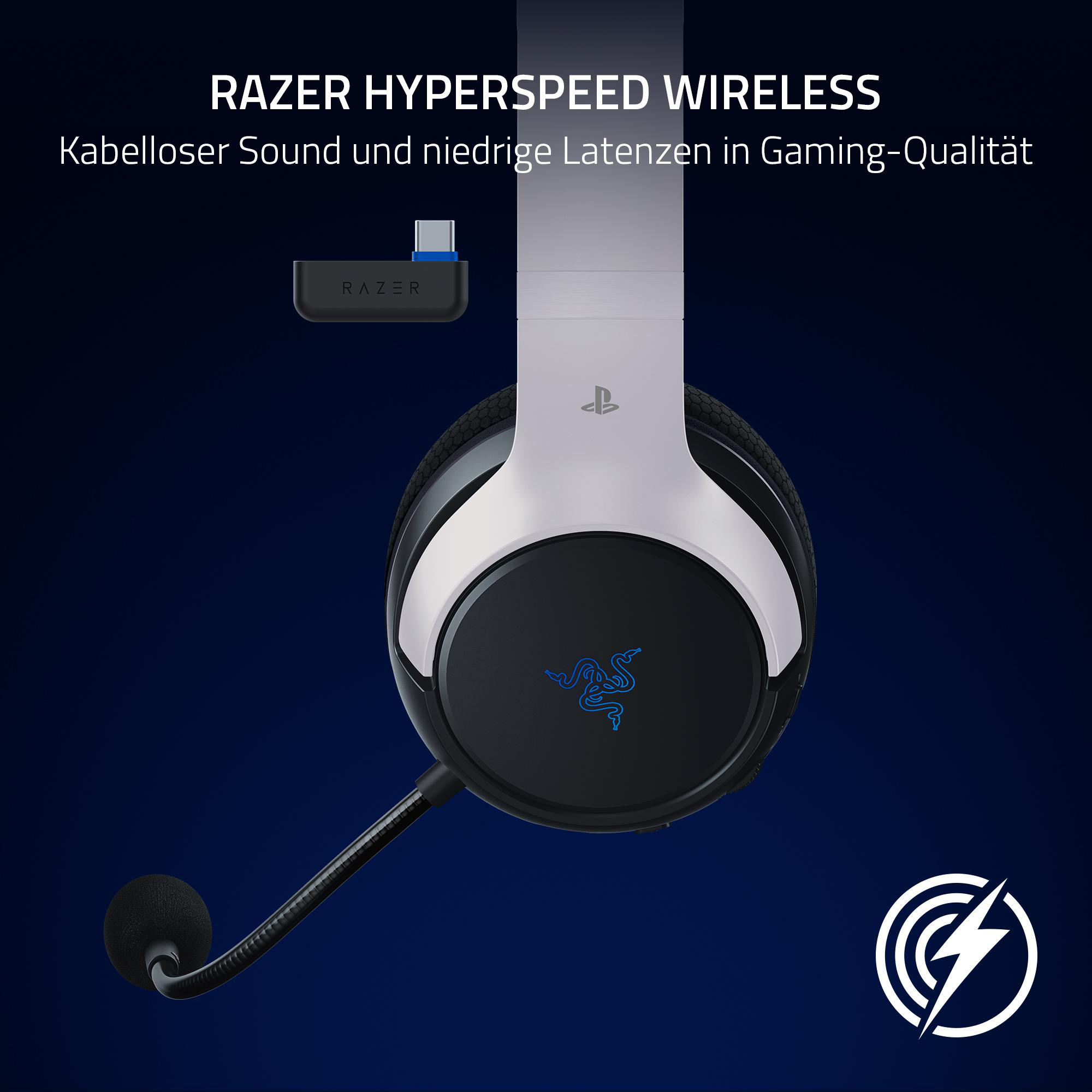Schwarzes und silbernes kabelloses Razer-Headset mit Mikrofon. Blauer Hintergrund mit Textüberlagerung.