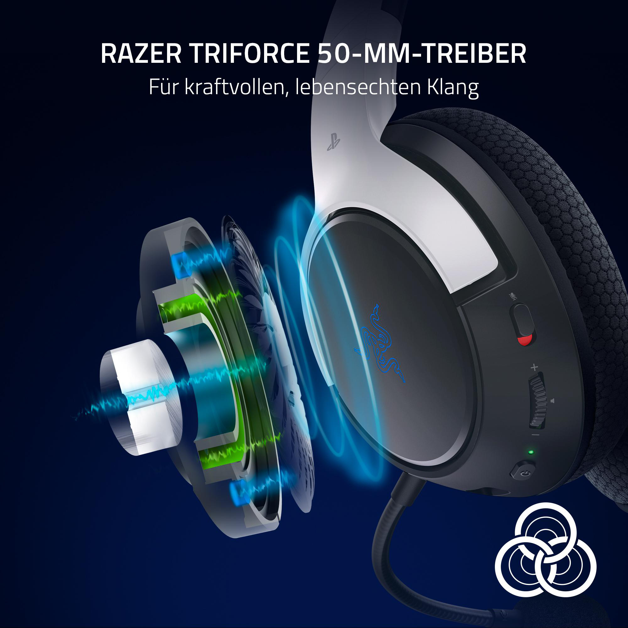 Razer Gaming-Headset mit freiliegenden Komponenten und Schallwellen-Grafiken auf blauem Hintergrund.