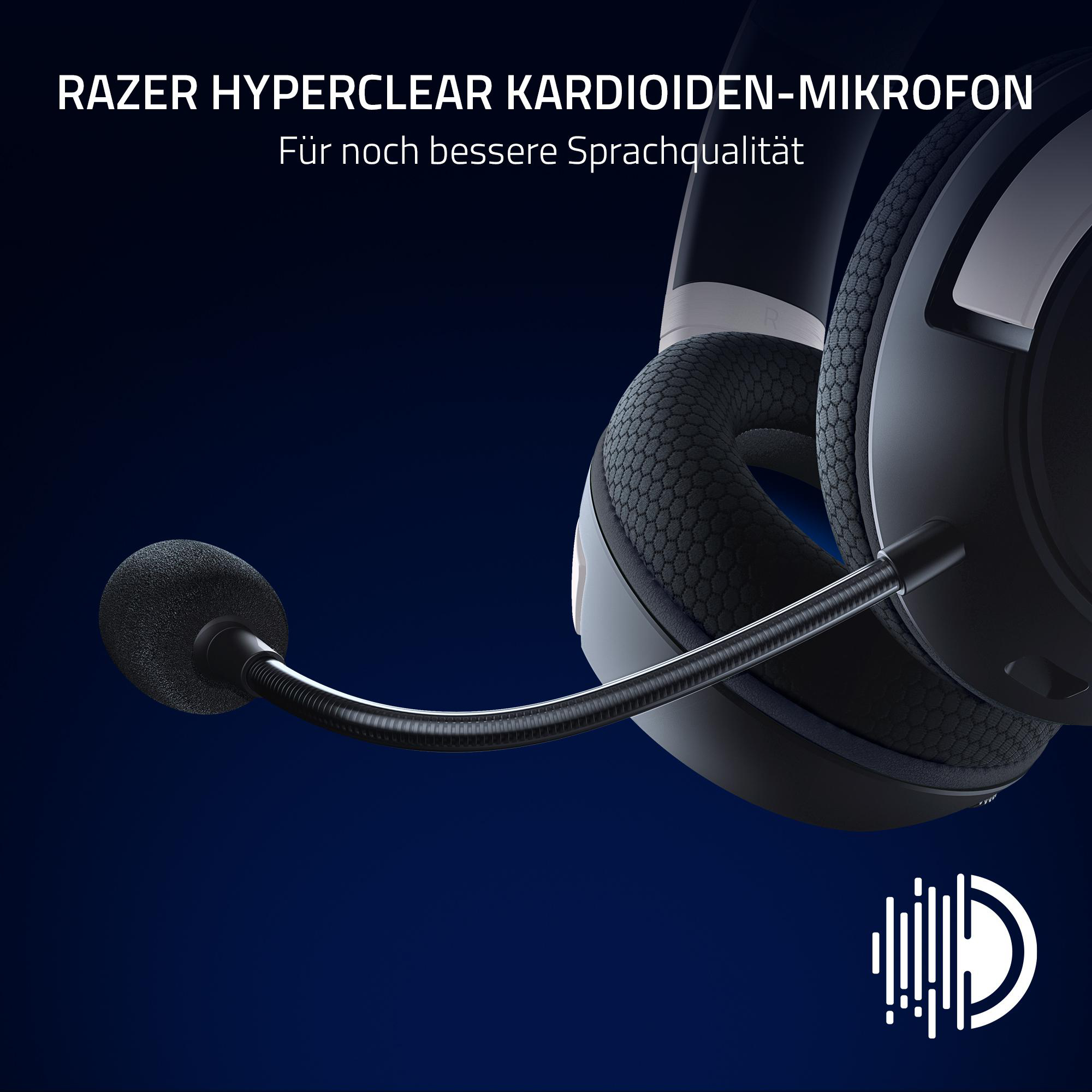 Schwarzes Headset mit Mikrofon, weißer Text auf dunkelblau.