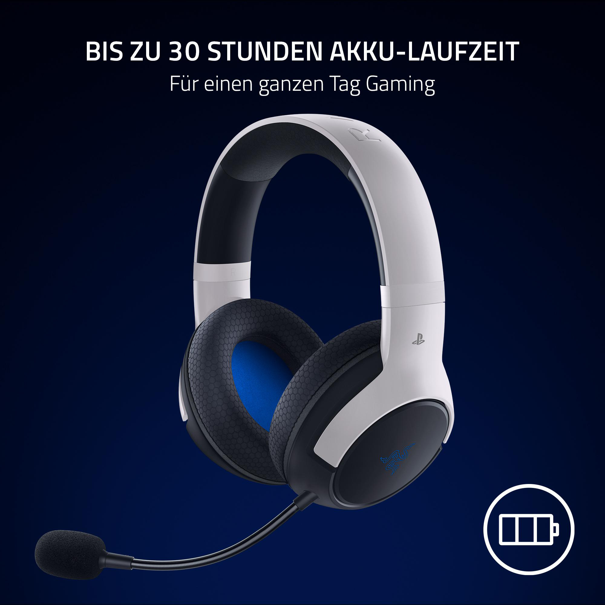 Ein weißes und schwarzes Gaming-Headset mit Mikrofon und einem Akkusymbol auf blauem Grund.