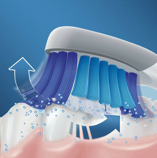 Główka szczoteczki do zębów z niebieskim i białym włosiem, pokazująca działanie czyszczące. Niebieskie tło.