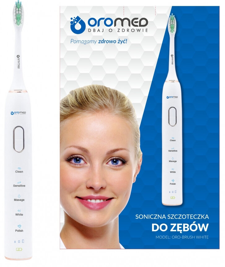 Biała elektryczna szczoteczka do zębów z twarzą kobiety i tekstem.