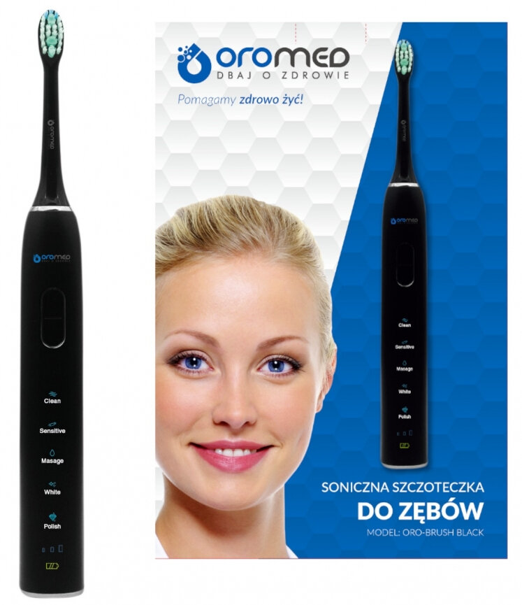 Szczoteczka elektryczna z twarzą kobiety i szczegółami produktu.