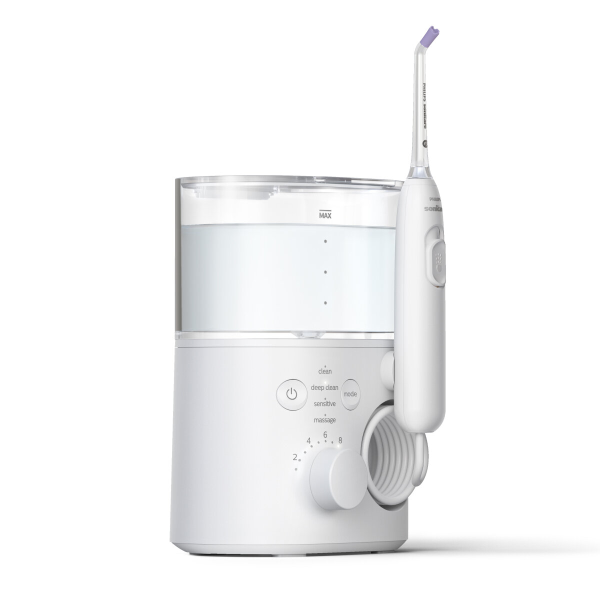 Biały irygator Philips Sonicare AirFloss z pojemnikiem na wodę na białym tle.