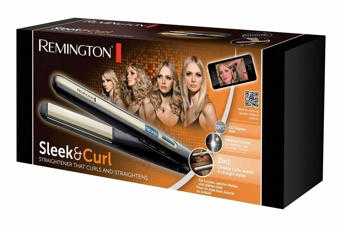 Pudełko prostownicy Remington Sleek & Curl ze zdjęciami kobiet i produktu.