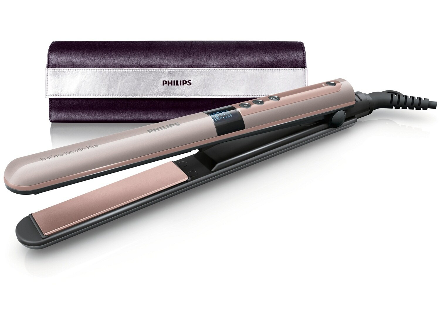Prostownica do włosów Philips w kolorze różowego złota i fioletowe etui z logo Philips.