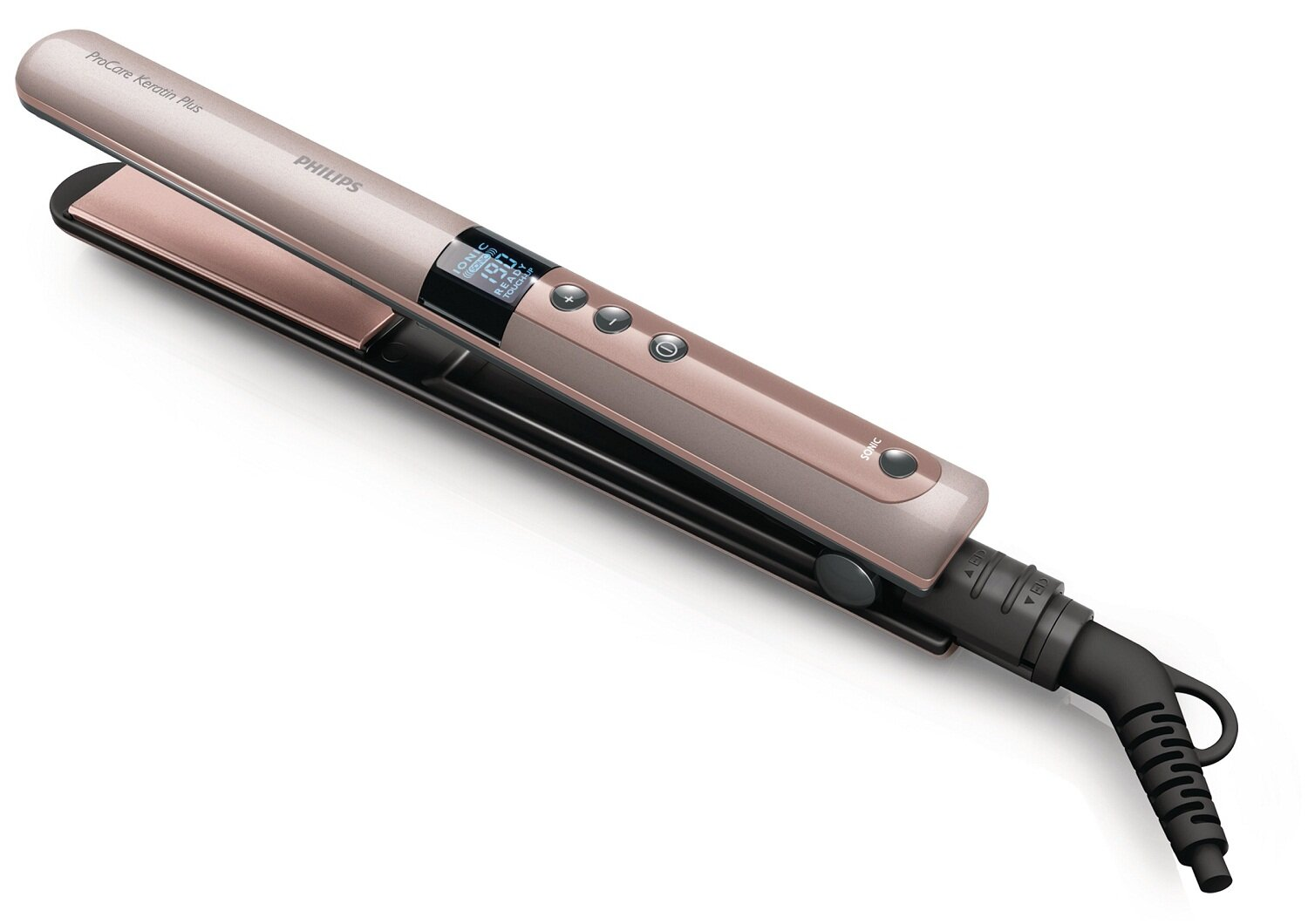 Różowa prostownica do włosów Philips ProCare Keratin Plus z cyfrowym wyświetlaczem i różowo-złotym wykończeniem.