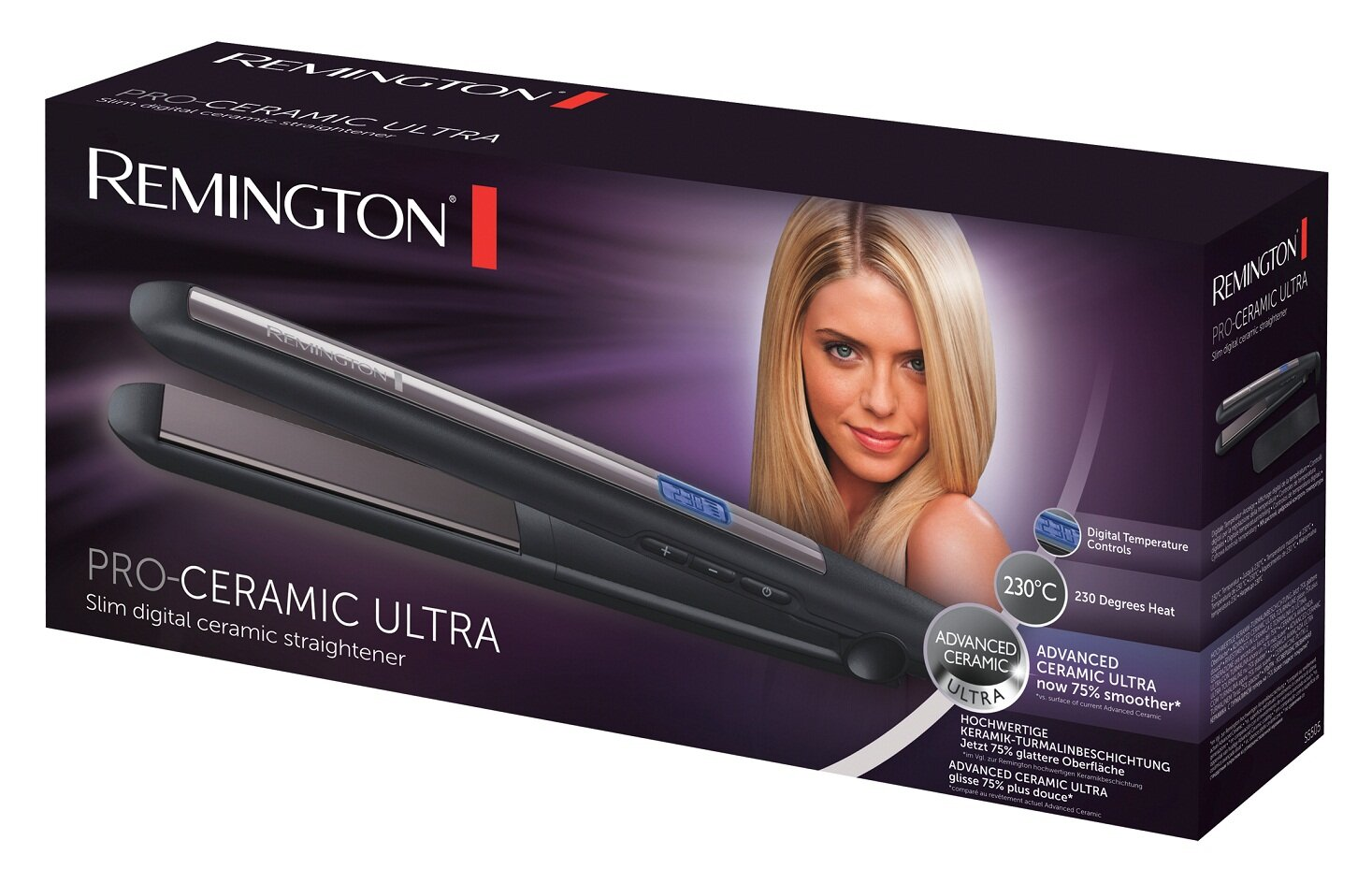 Prostownica do włosów na pudełku z twarzą kobiety. Pudełko jest fioletowe i ma tekst.