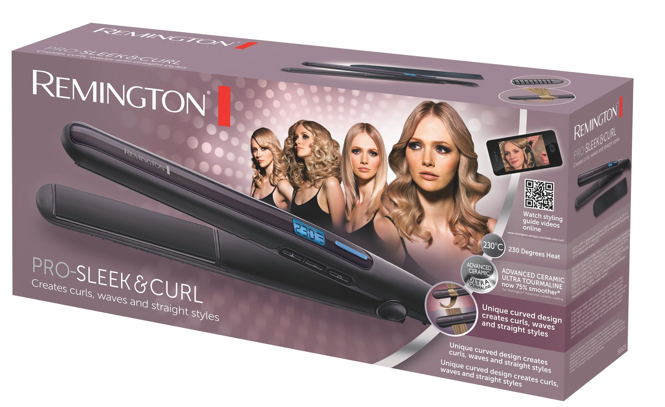 Pudełko Remington Pro-Sleek & Curl. Pokazuje prostownicę i kobiety ze stylizowanymi włosami.