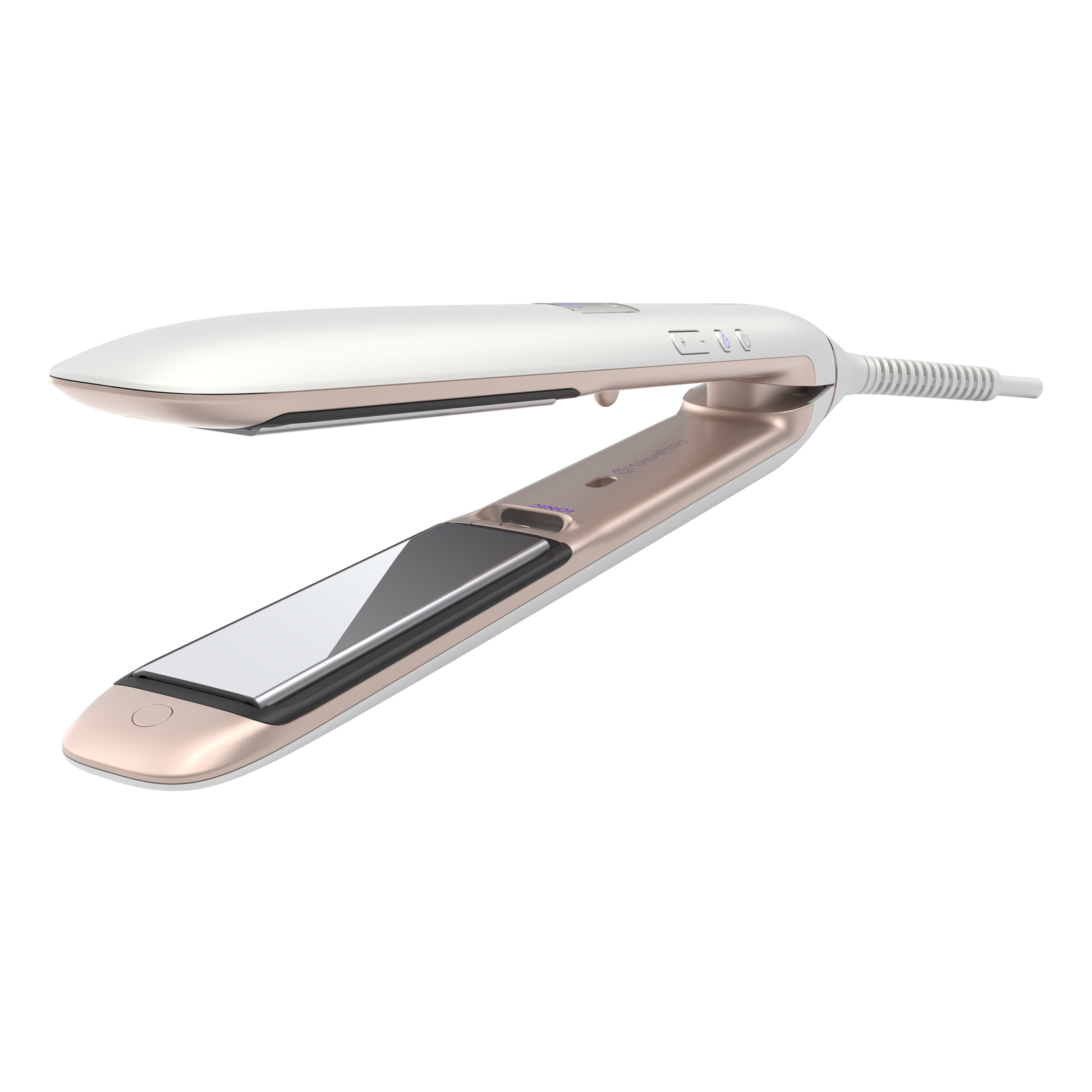 Otwarta prostownica. Biała góra, złote dno. Otwarta. Błyszczące metalowe płytki pośrodku.