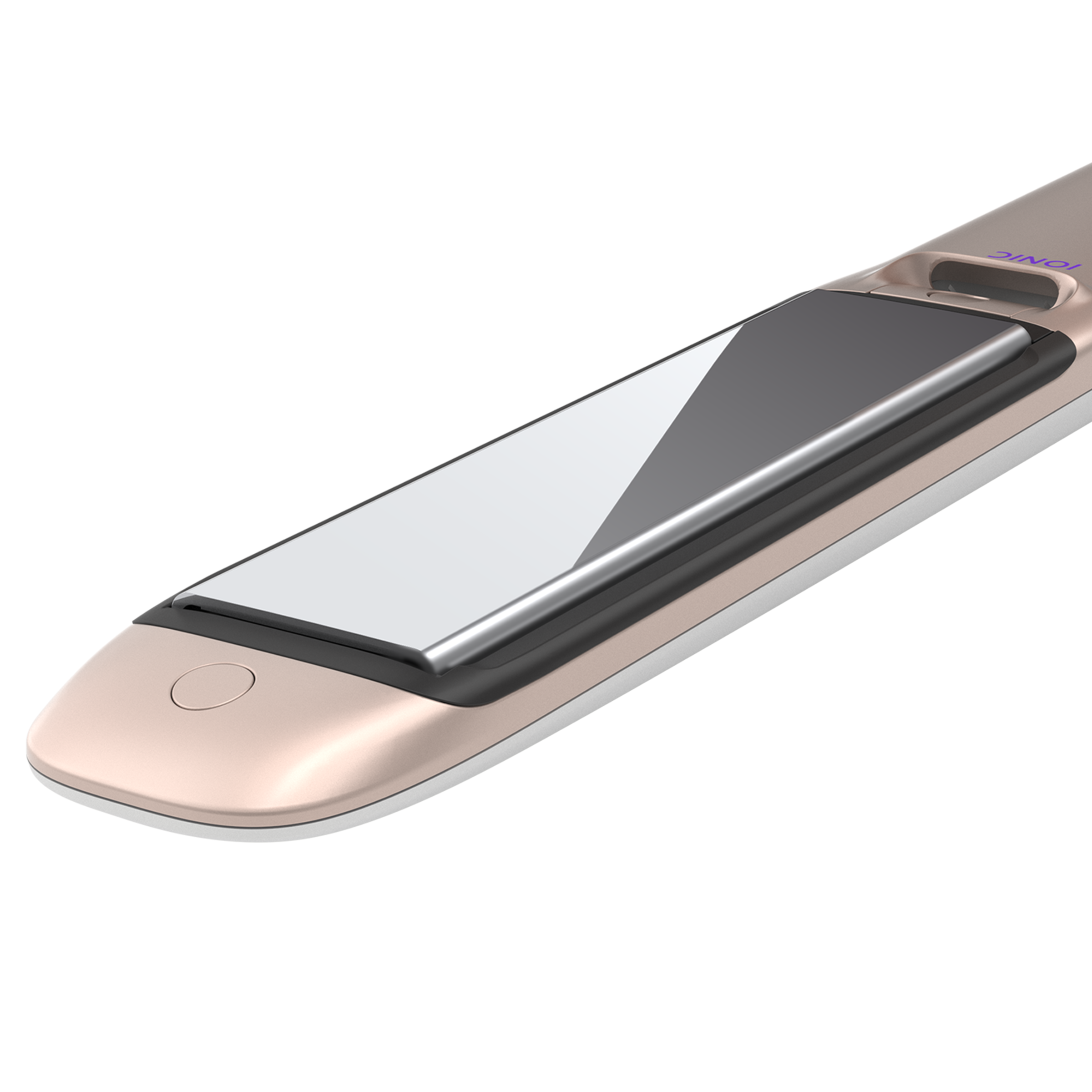 Zbliżenie prostownicy, schemat kolorów srebrny i złoty, widok z góry, błyszcząca powierzchnia.