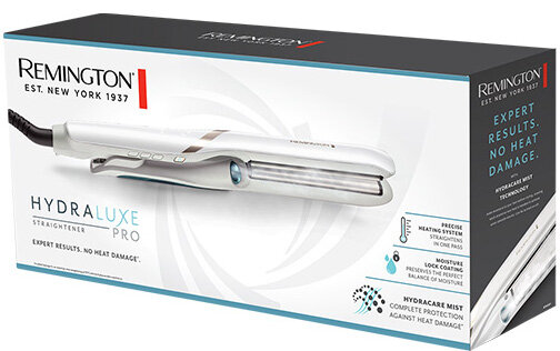 Biała prostownica do włosów z pudełkiem, tekst: HYDRALUXE PRO STRAIGHTENER, NEW YORK 1937.
